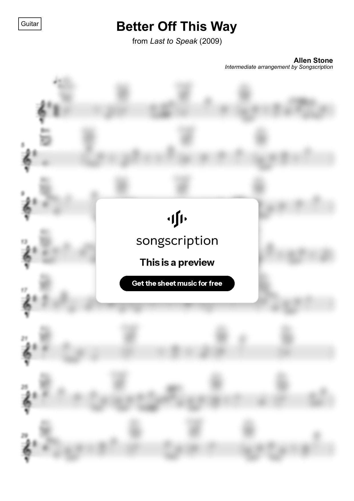 Intermediate Acoustic Guitar Sheet Music for "Better Off This Way" by Allen Stone