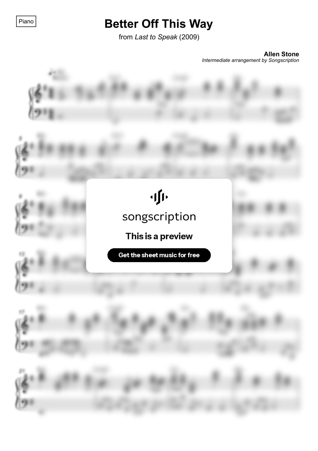 Intermediate Piano Sheet Music for "Better Off This Way" by Allen Stone