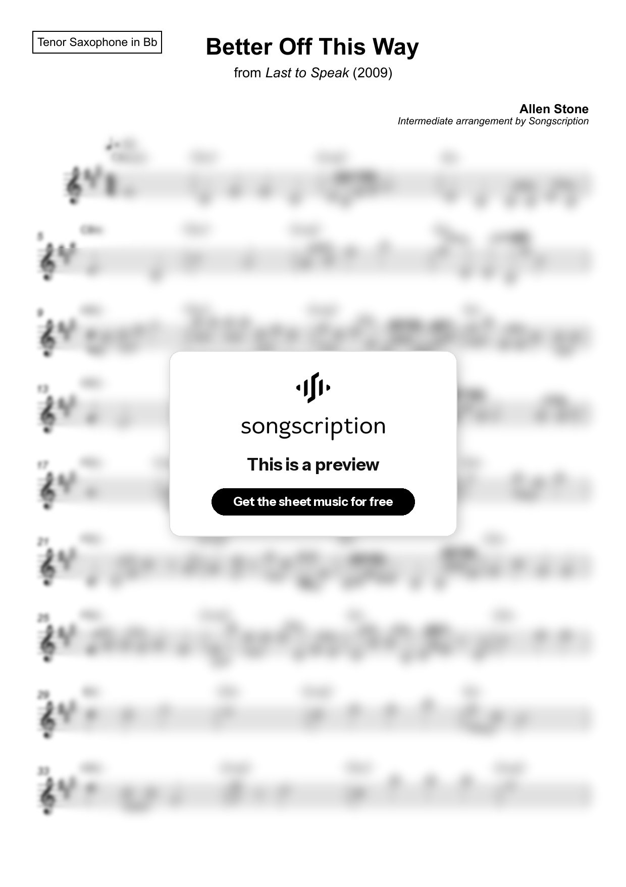 Intermediate Tenor Sax Sheet Music for "Better Off This Way" by Allen Stone
