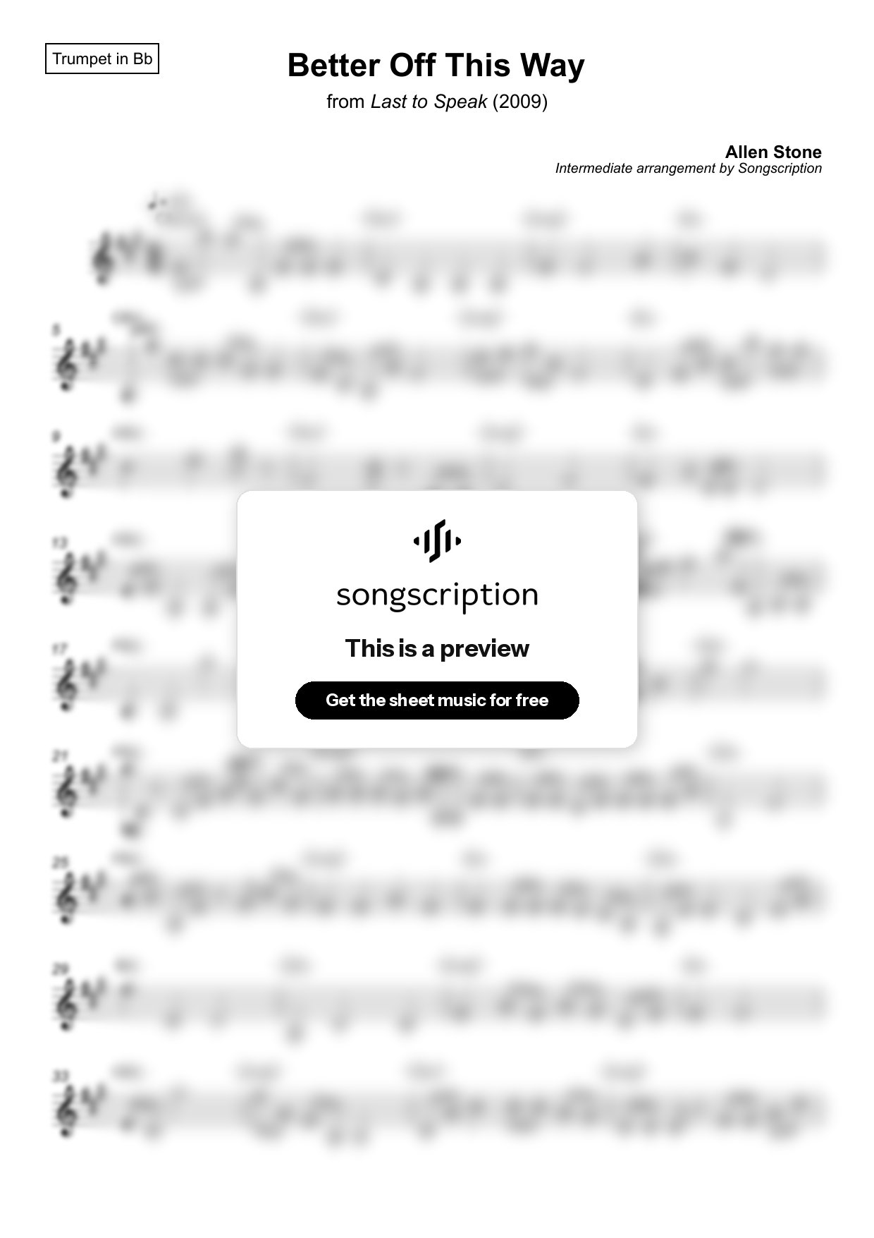 Intermediate Trumpet Sheet Music for "Better Off This Way" by Allen Stone