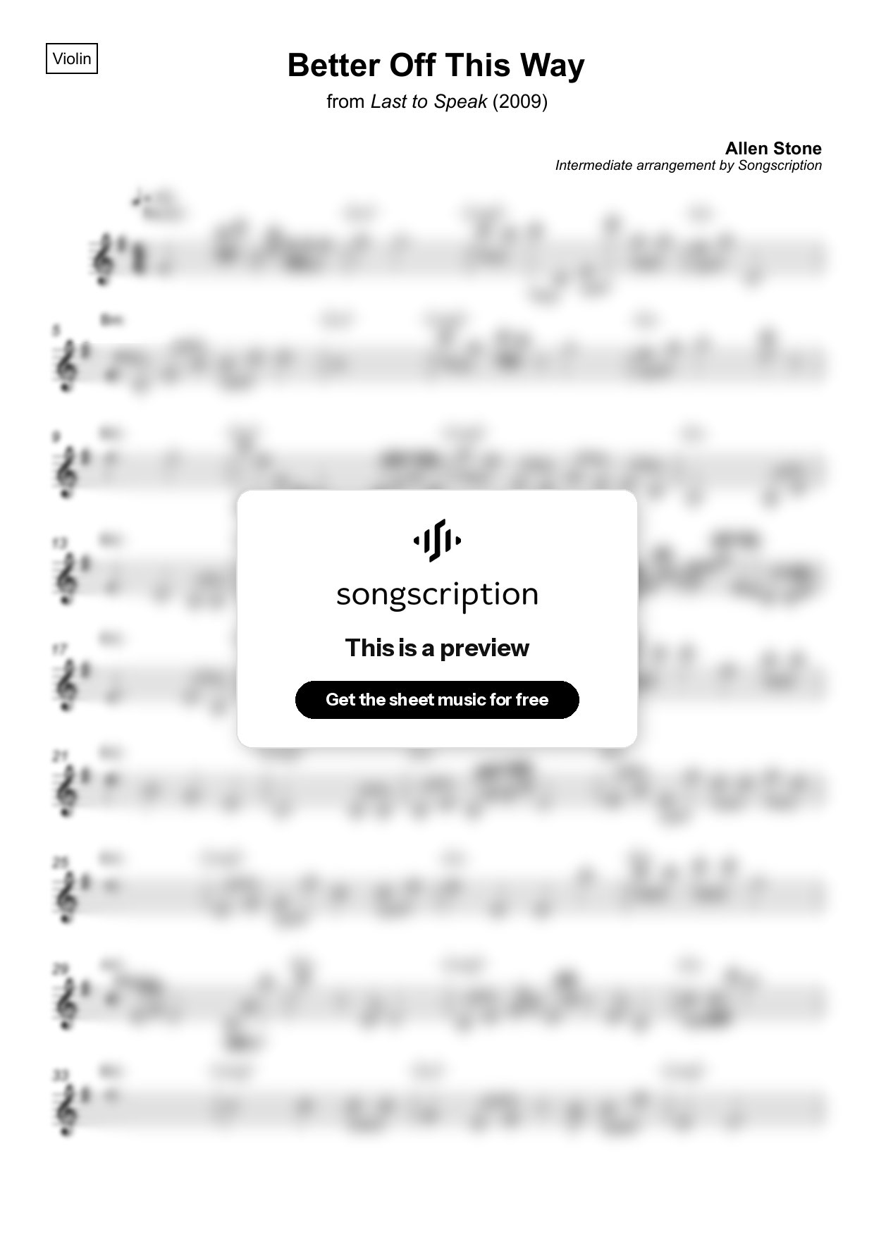 Intermediate Violin Sheet Music for "Better Off This Way" by Allen Stone