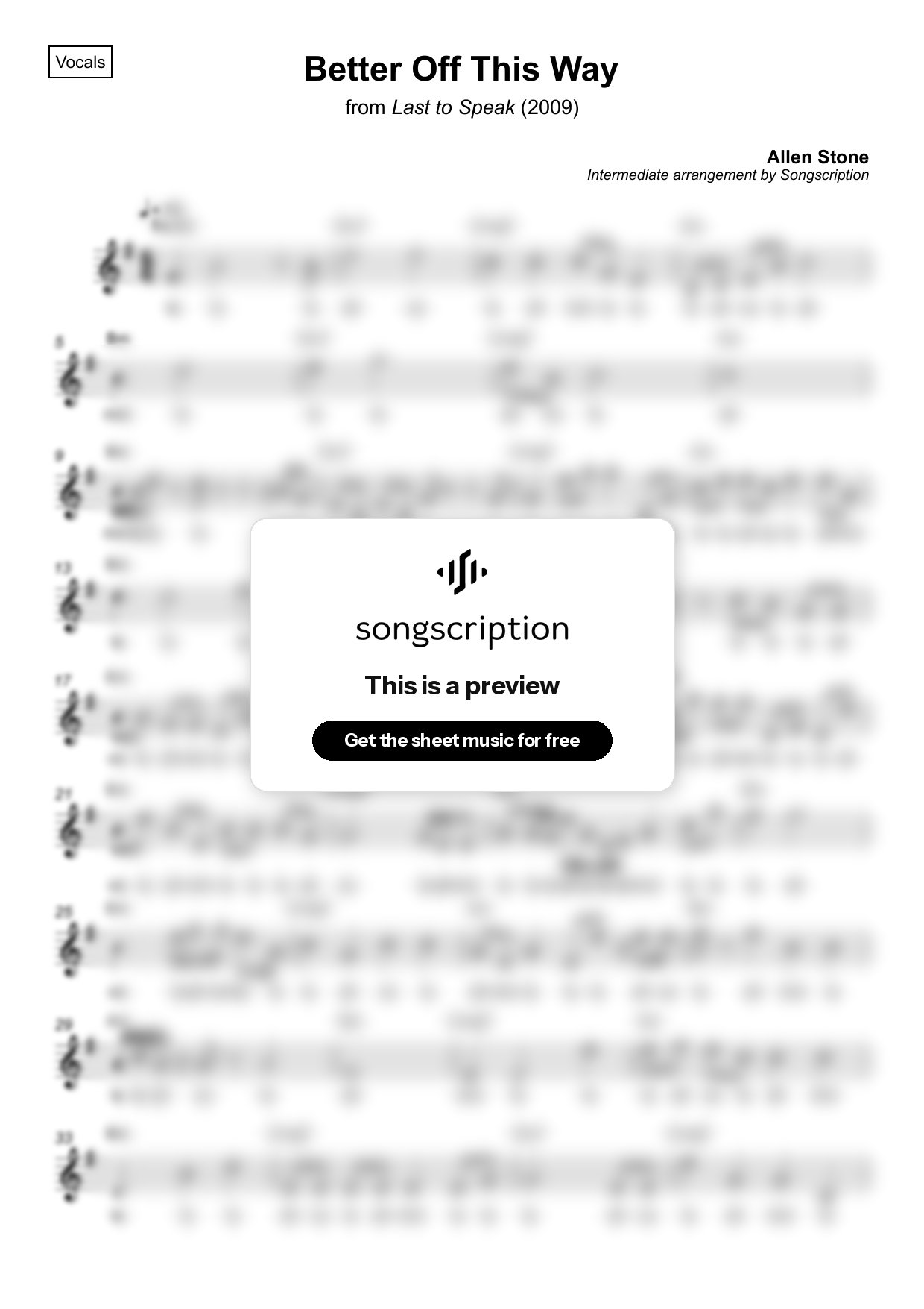 Intermediate Vocals Sheet Music for "Better Off This Way" by Allen Stone
