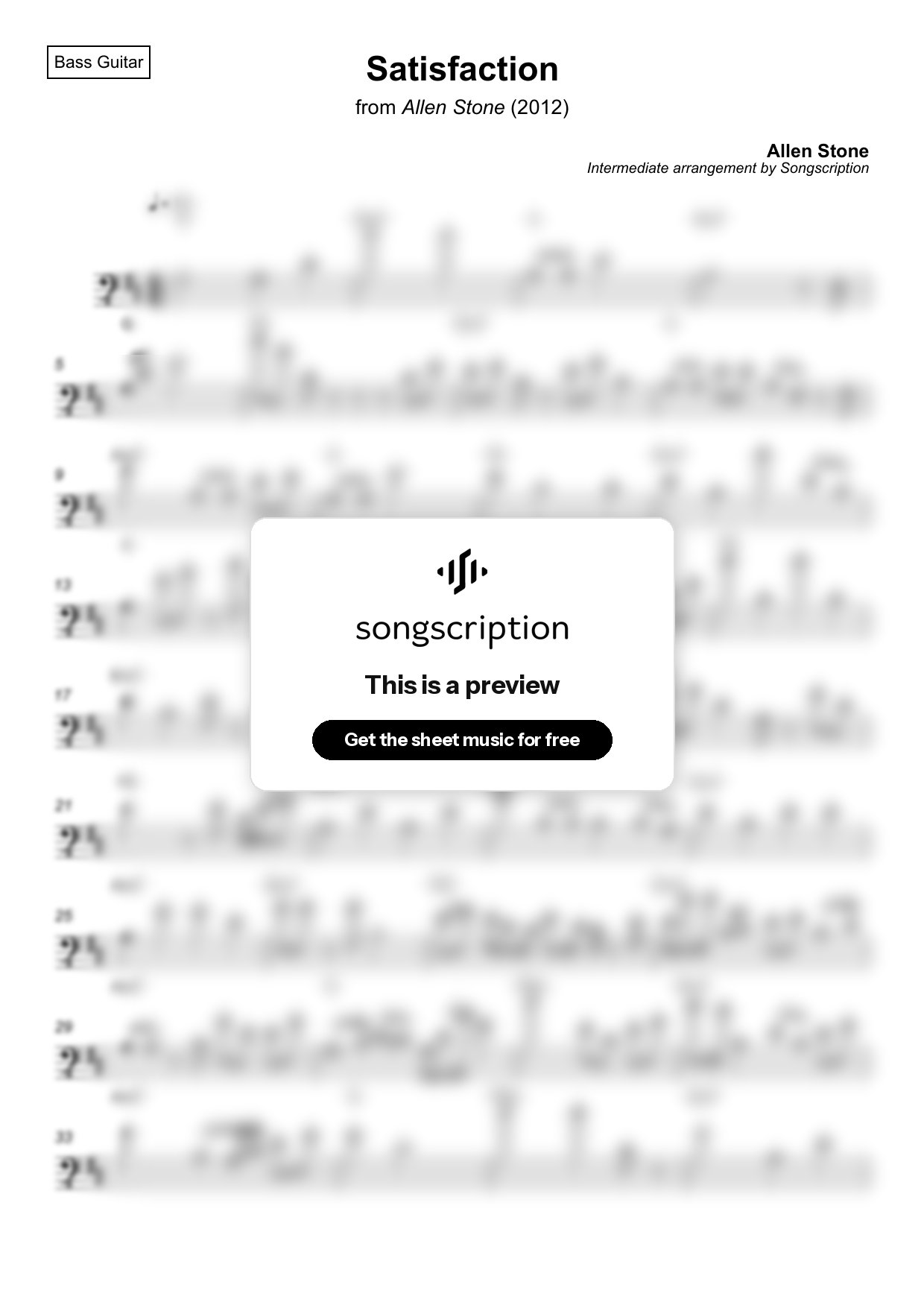 Intermediate Bass Guitar Sheet Music for "Satisfaction" by Allen Stone