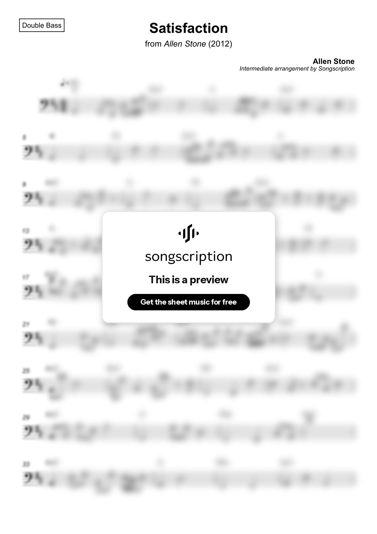Intermediate Double Bass Sheet Music for "Satisfaction" by Allen Stone