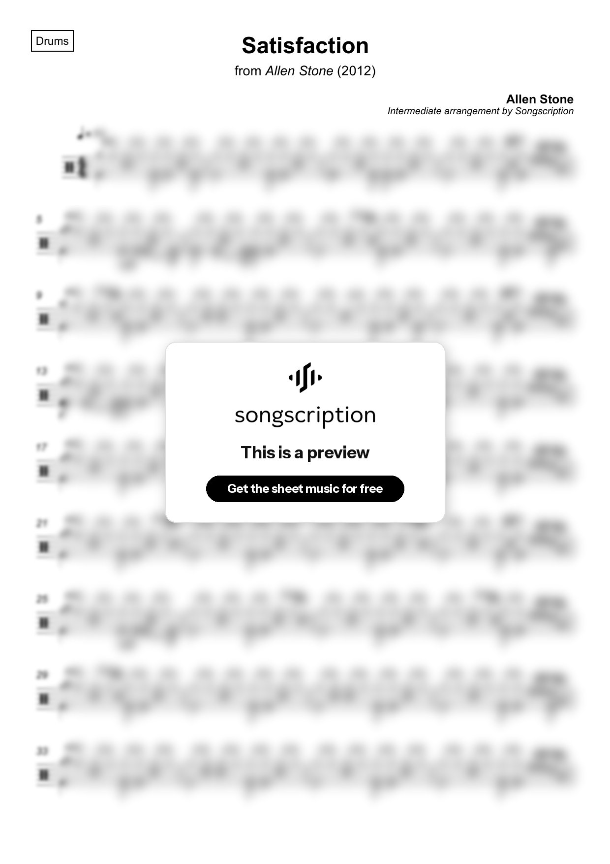 Intermediate Drums Sheet Music for "Satisfaction" by Allen Stone