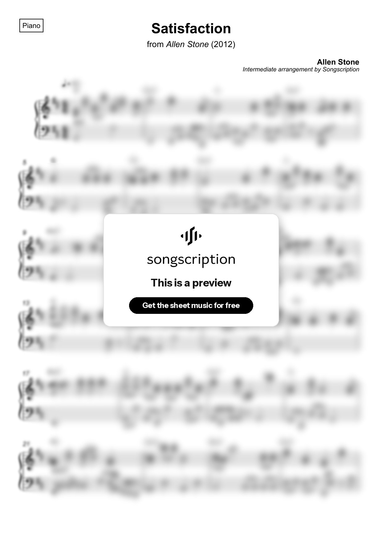 Intermediate Piano Sheet Music for "Satisfaction" by Allen Stone
