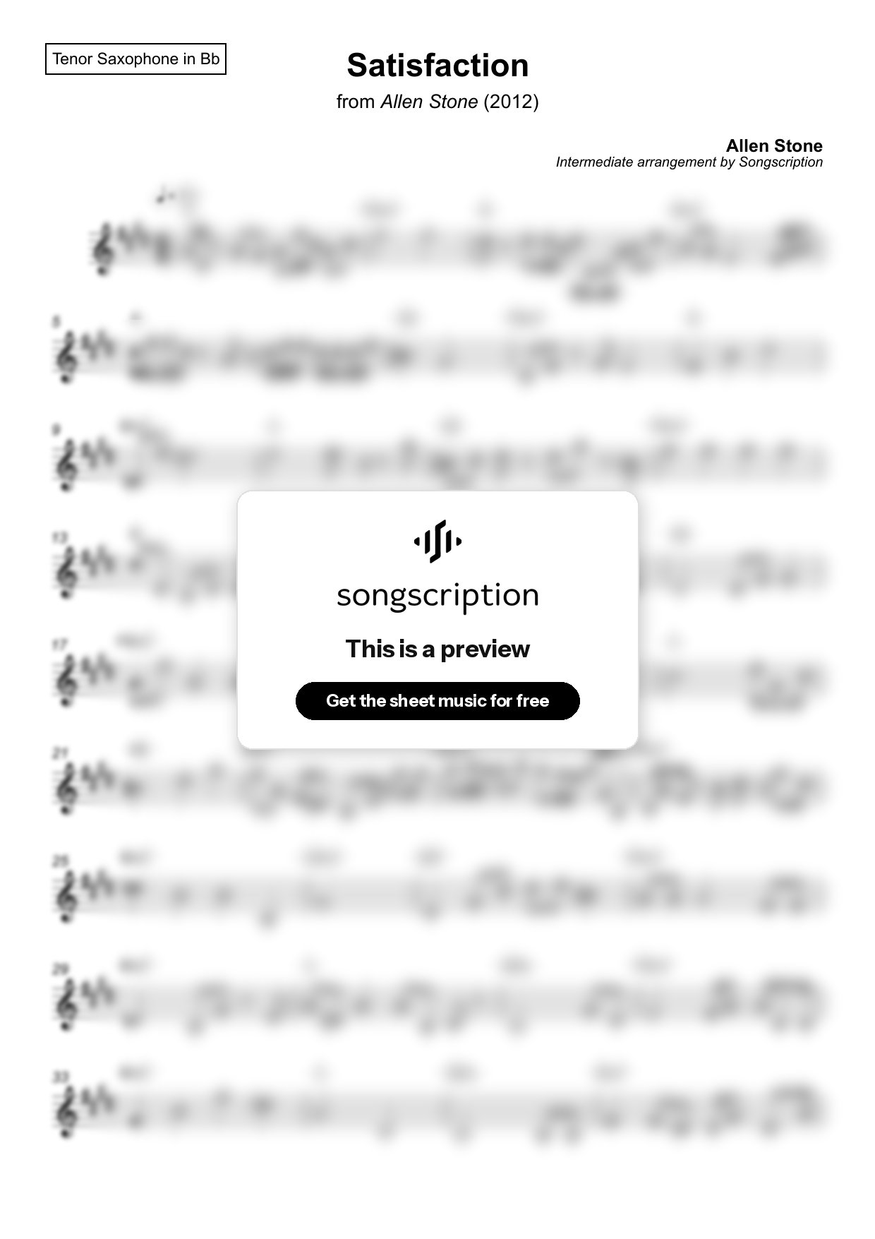 Intermediate Tenor Sax Sheet Music for "Satisfaction" by Allen Stone