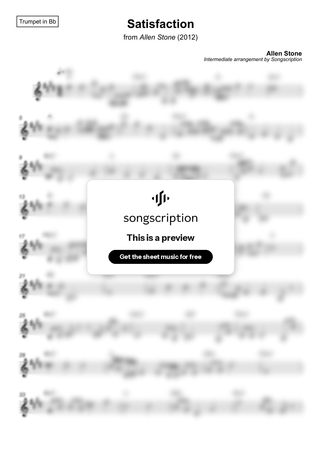Intermediate Trumpet Sheet Music for "Satisfaction" by Allen Stone