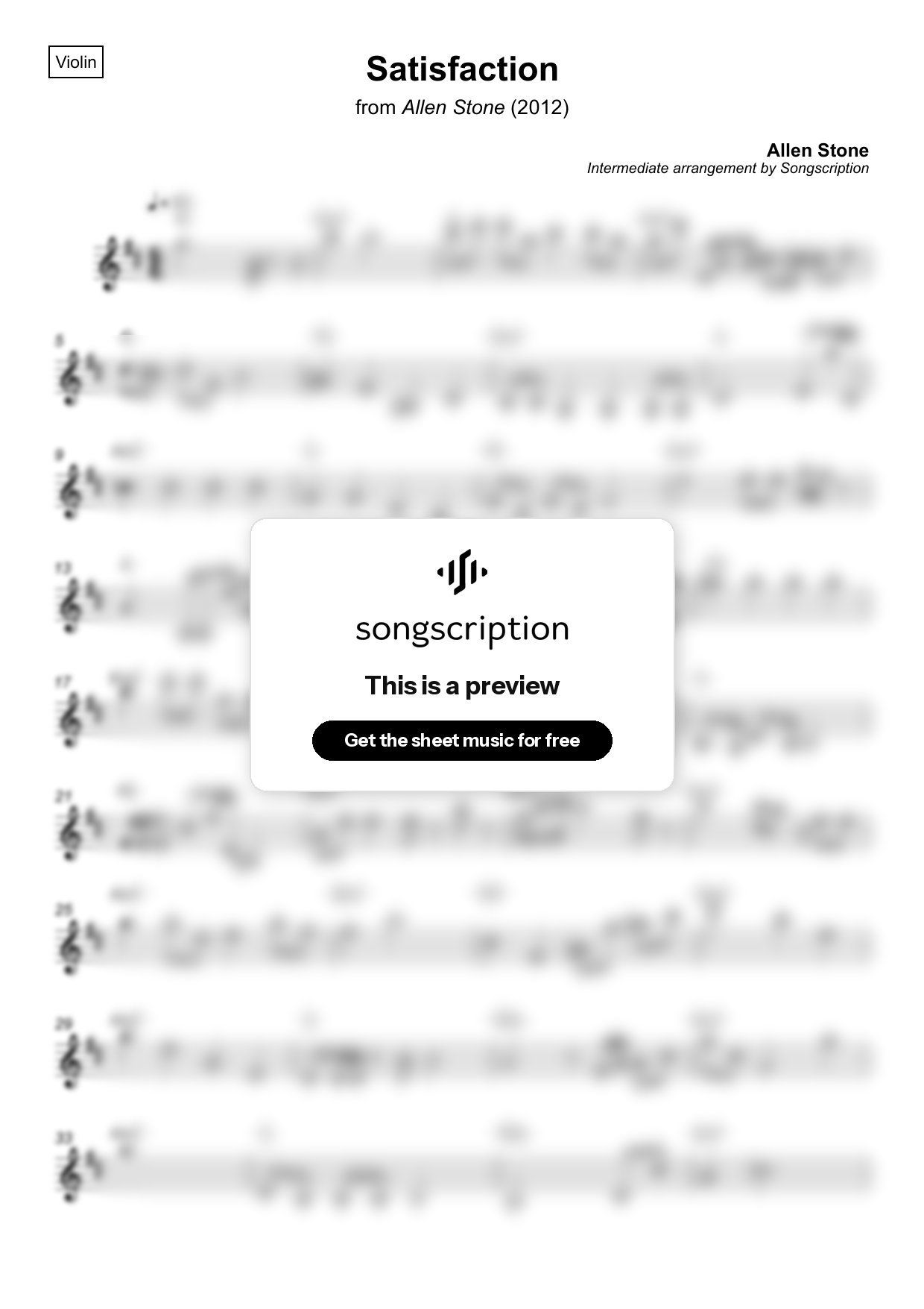 Intermediate Violin Sheet Music for "Satisfaction" by Allen Stone