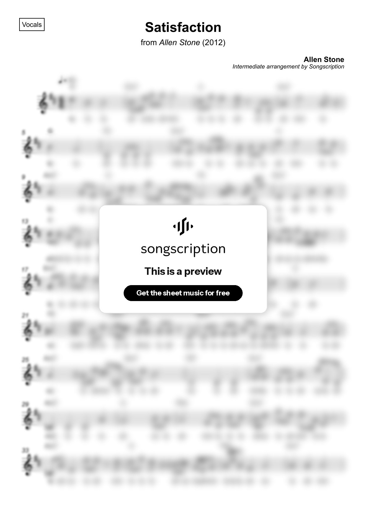 Intermediate Vocals Sheet Music for "Satisfaction" by Allen Stone