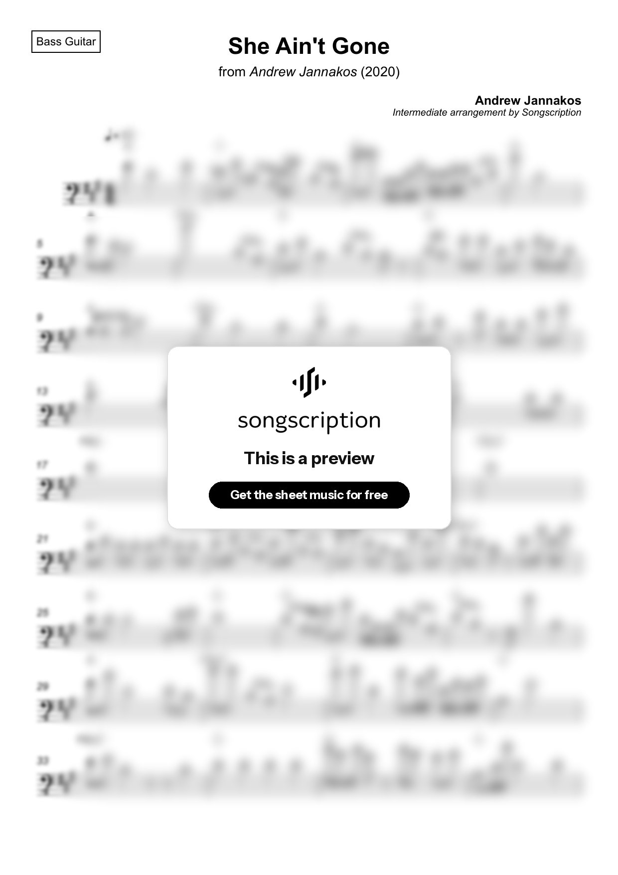 Intermediate Bass Guitar Sheet Music for "She Ain't Gone" by Andrew Jannakos