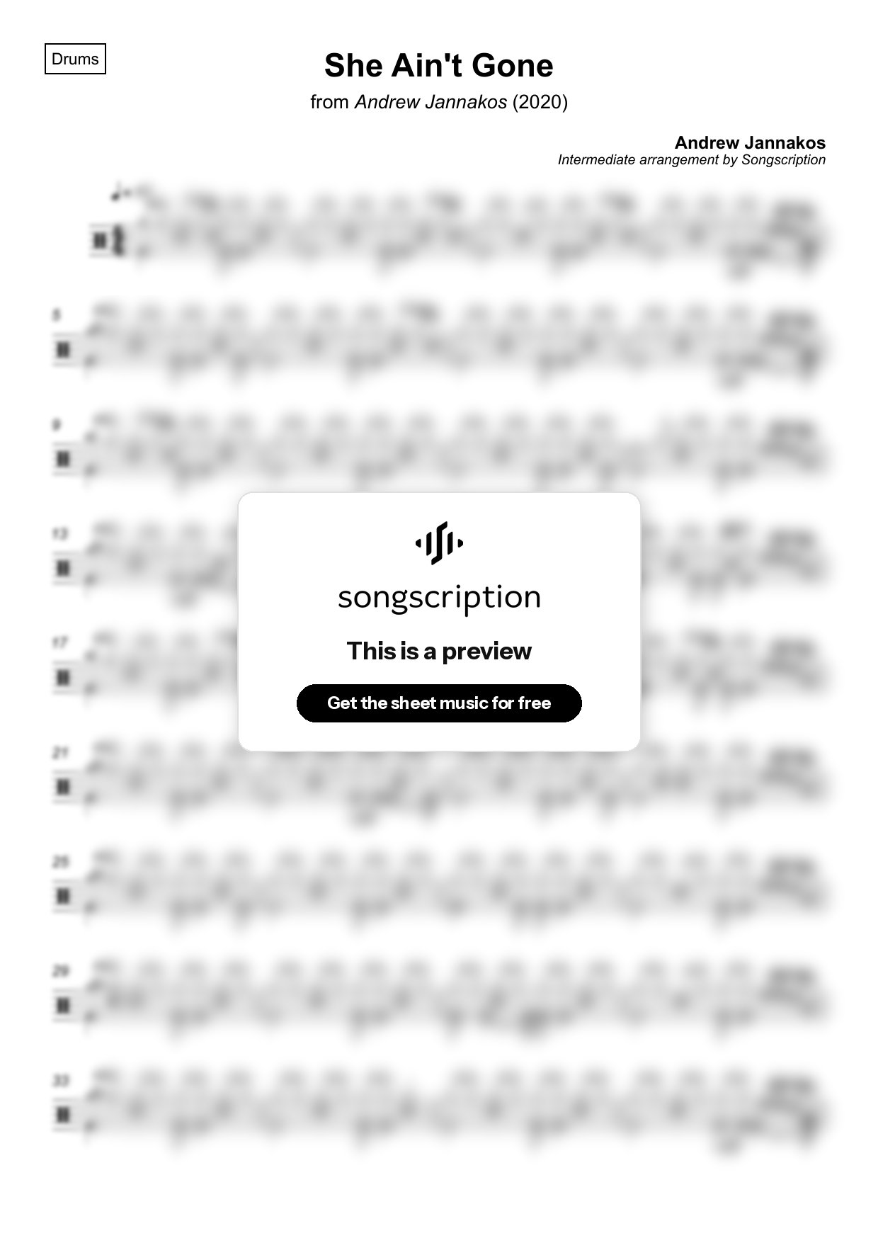Intermediate Drums Sheet Music for "She Ain't Gone" by Andrew Jannakos