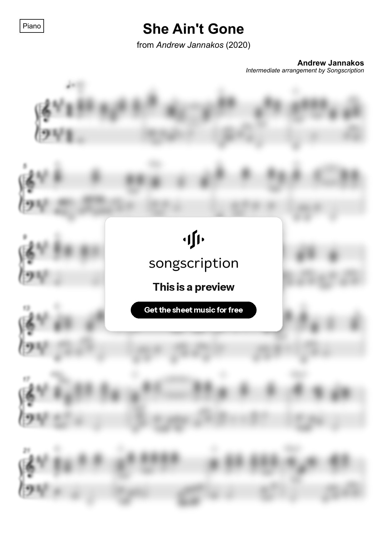 Intermediate Piano Sheet Music for "She Ain't Gone" by Andrew Jannakos