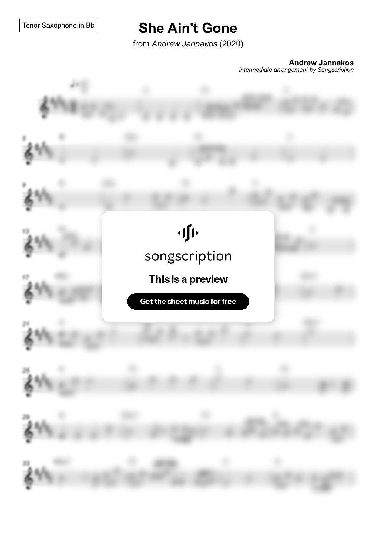 Intermediate Tenor Sax Sheet Music for "She Ain't Gone" by Andrew Jannakos