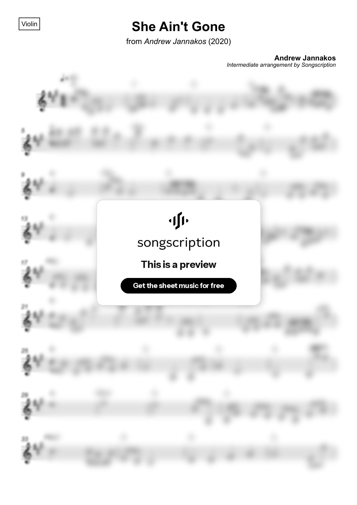 Intermediate Violin Sheet Music for "She Ain't Gone" by Andrew Jannakos