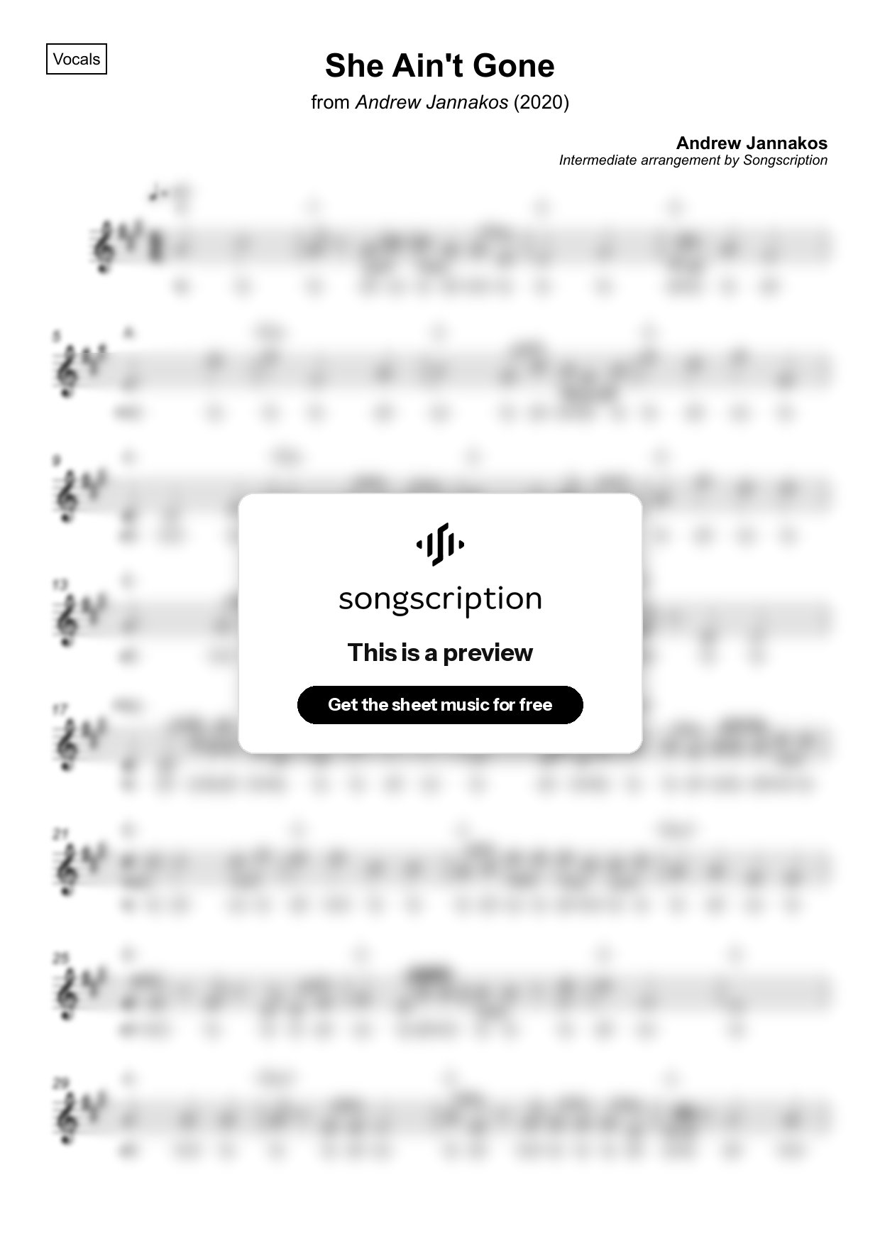 Intermediate Vocals Sheet Music for "She Ain't Gone" by Andrew Jannakos