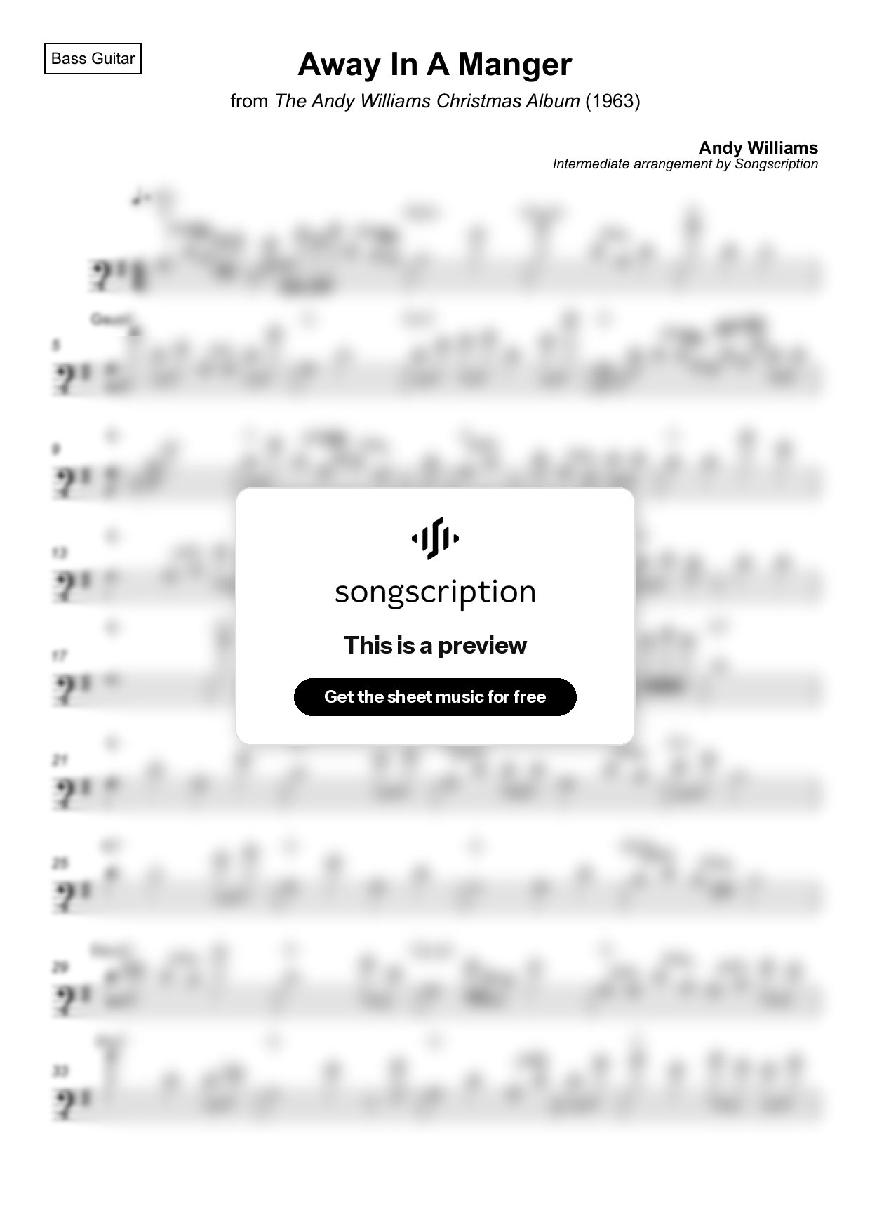 Intermediate Bass Guitar Sheet Music for "Away In A Manger" by Andy Williams
