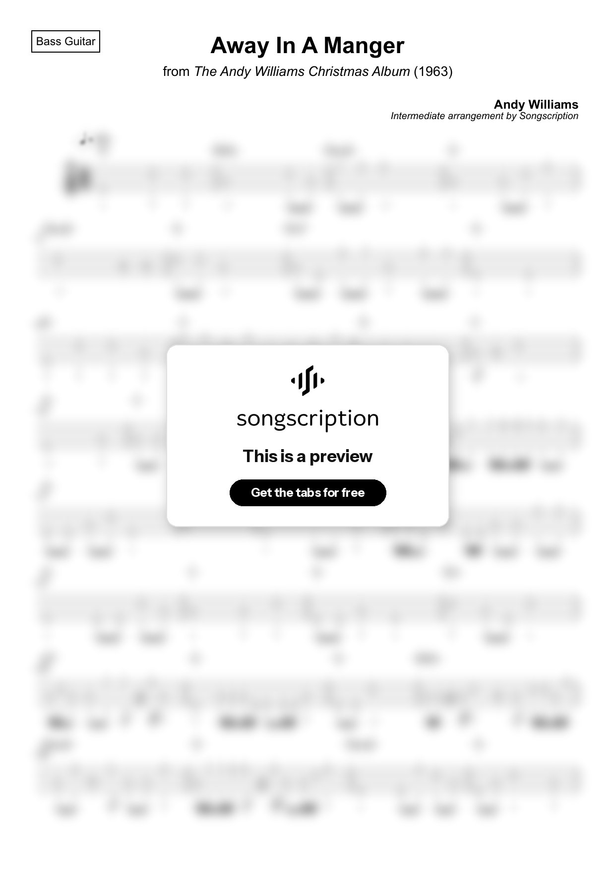 Intermediate Bass Guitar Tabs for "Away In A Manger" by Andy Williams