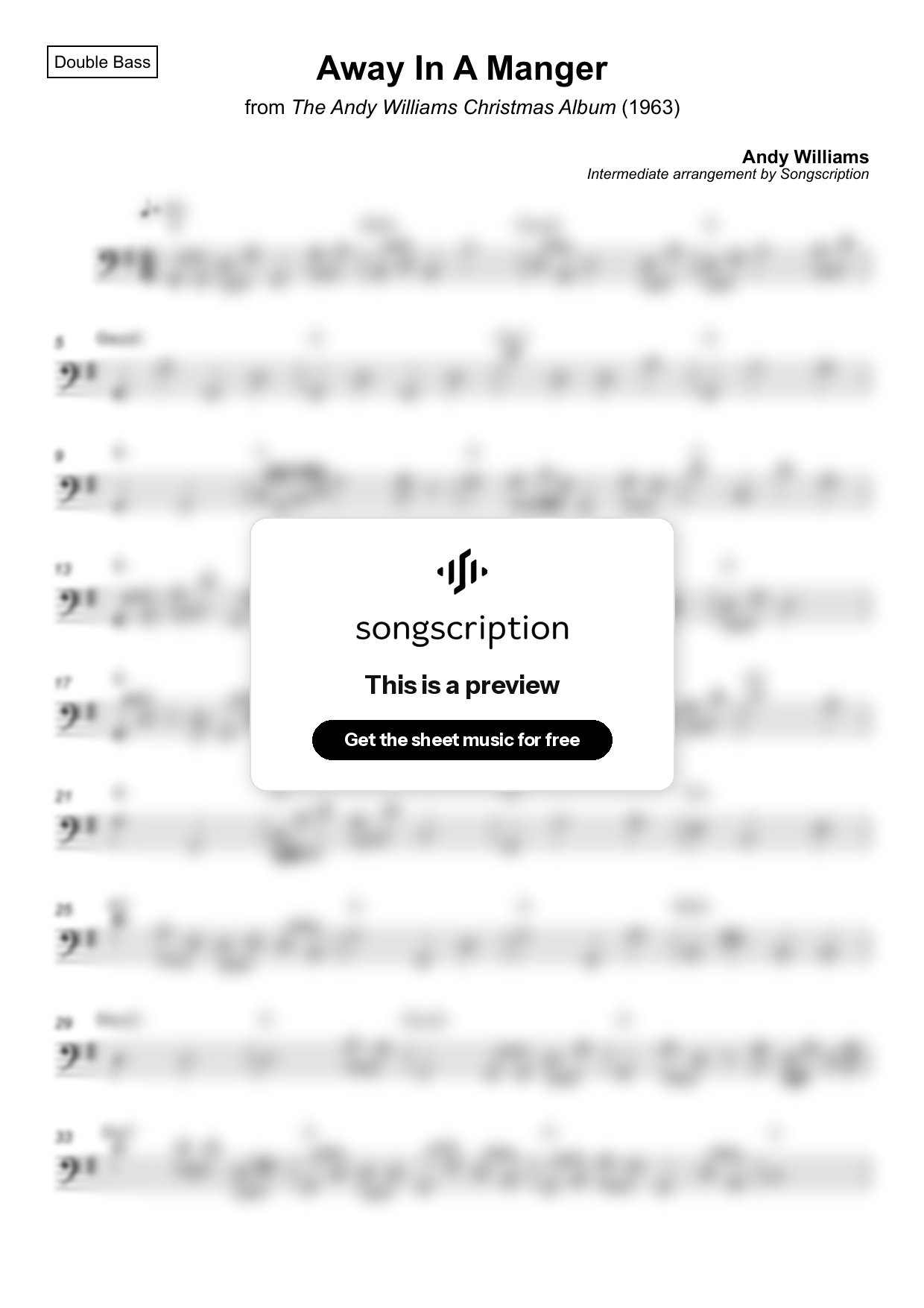 Intermediate Double Bass Sheet Music for "Away In A Manger" by Andy Williams