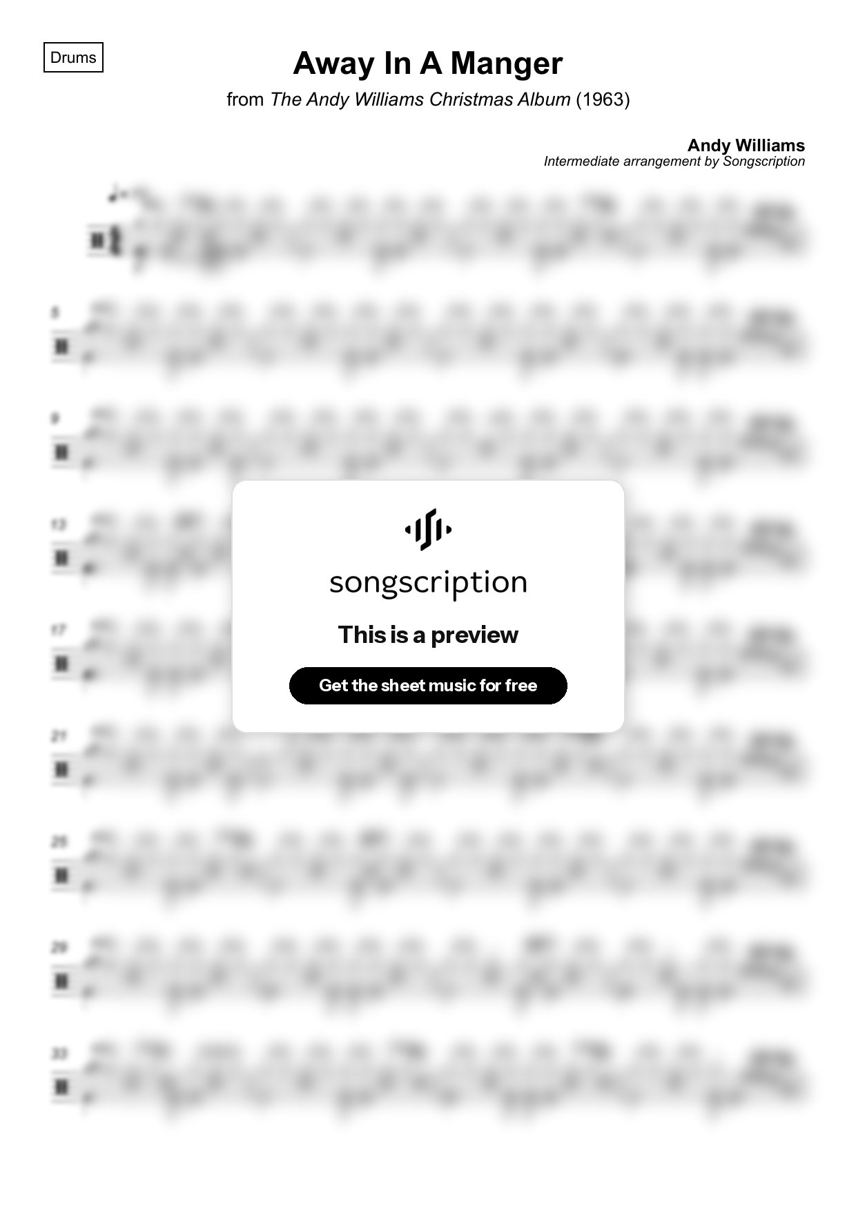 Intermediate Drums Sheet Music for "Away In A Manger" by Andy Williams