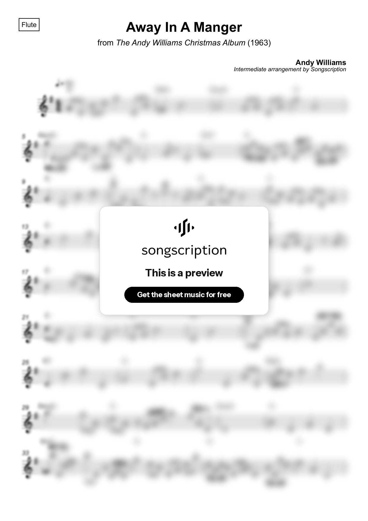 Intermediate Flute Sheet Music for "Away In A Manger" by Andy Williams