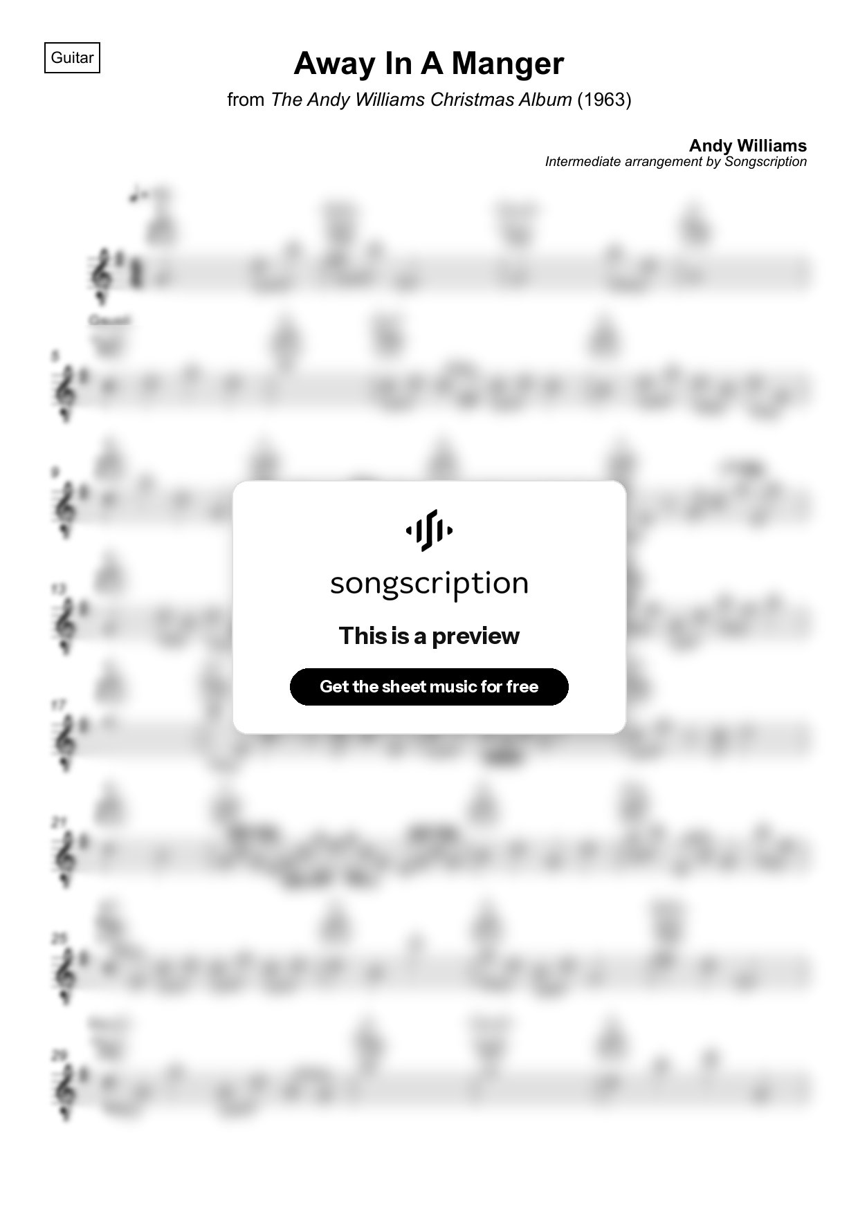 Intermediate Acoustic Guitar Sheet Music for "Away In A Manger" by Andy Williams
