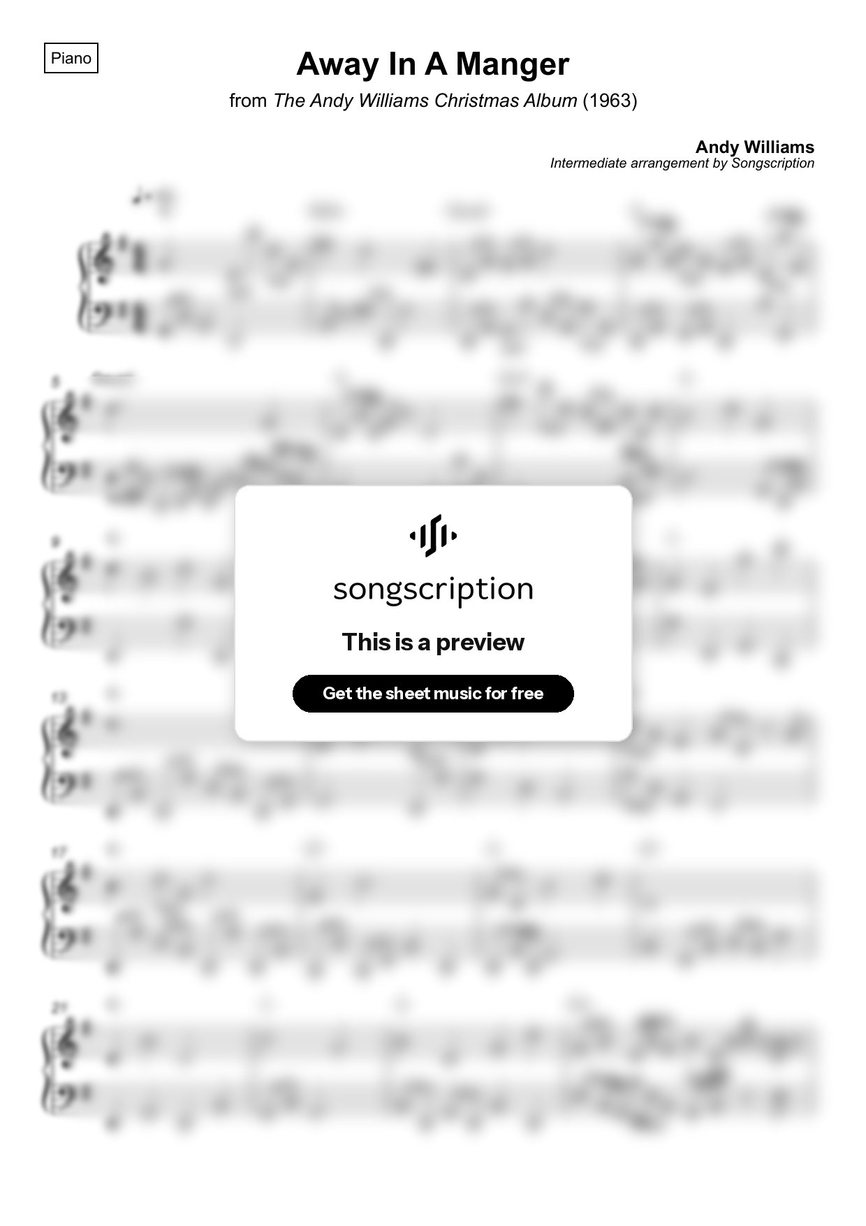 Intermediate Piano Sheet Music for "Away In A Manger" by Andy Williams
