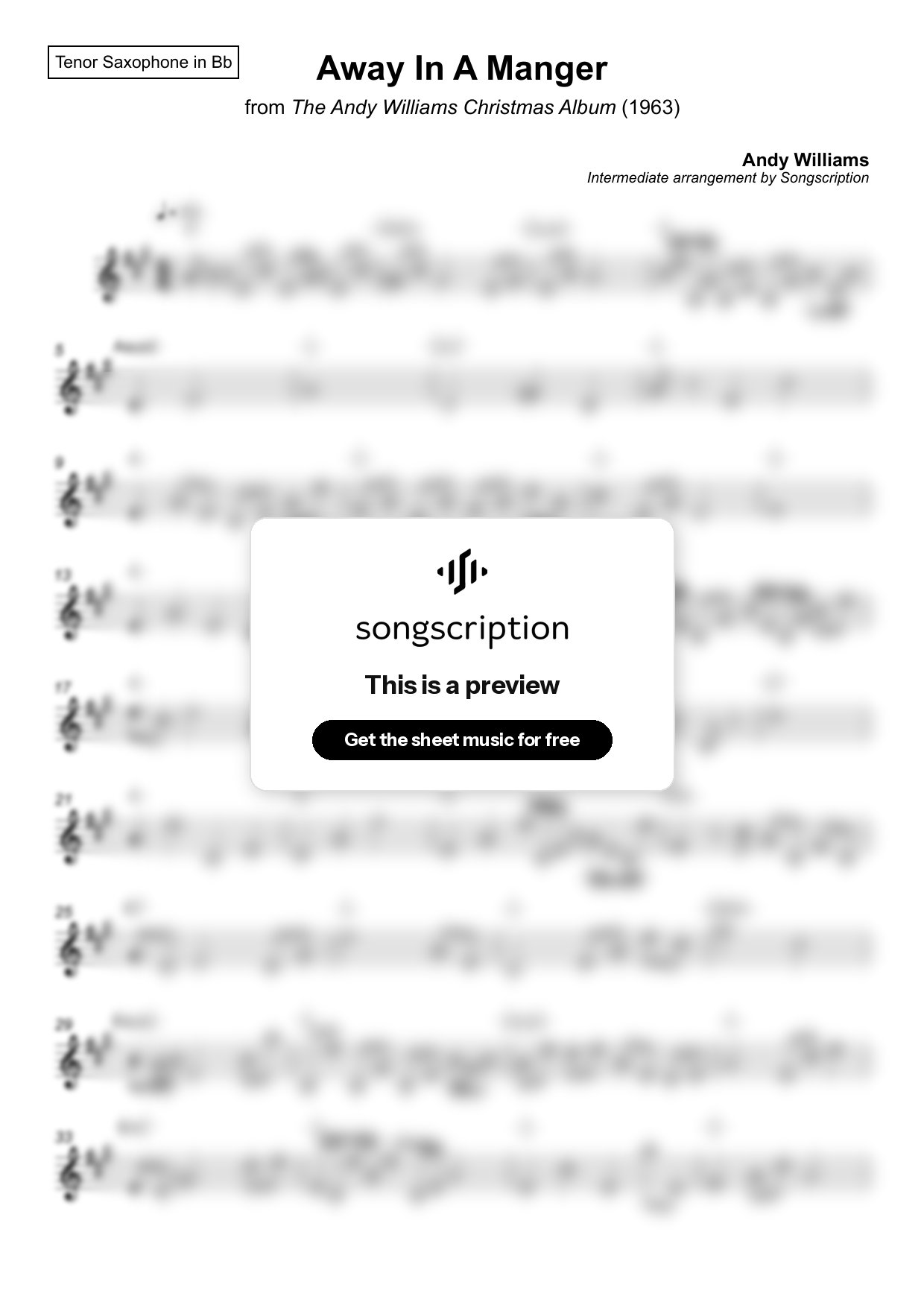 Intermediate Tenor Sax Sheet Music for "Away In A Manger" by Andy Williams