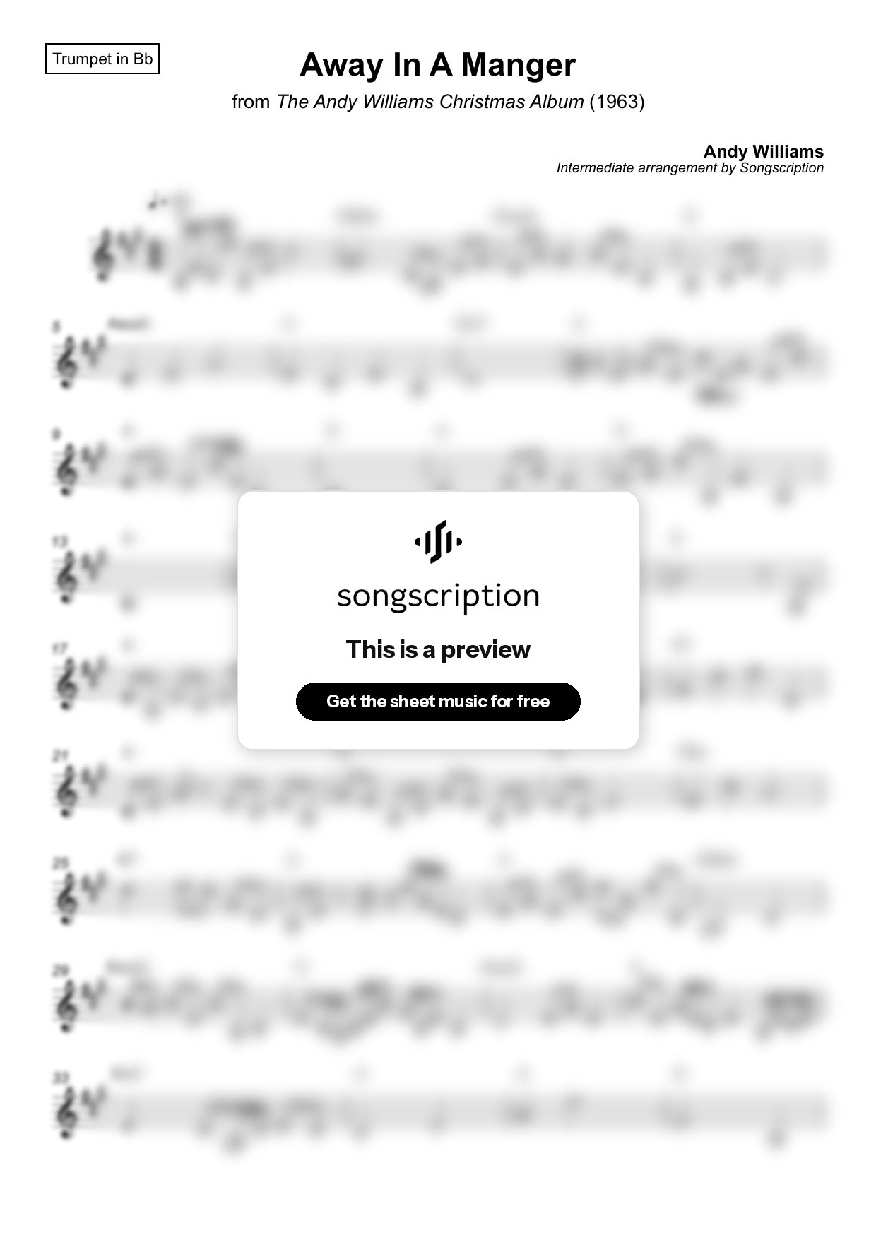 Intermediate Trumpet Sheet Music for "Away In A Manger" by Andy Williams