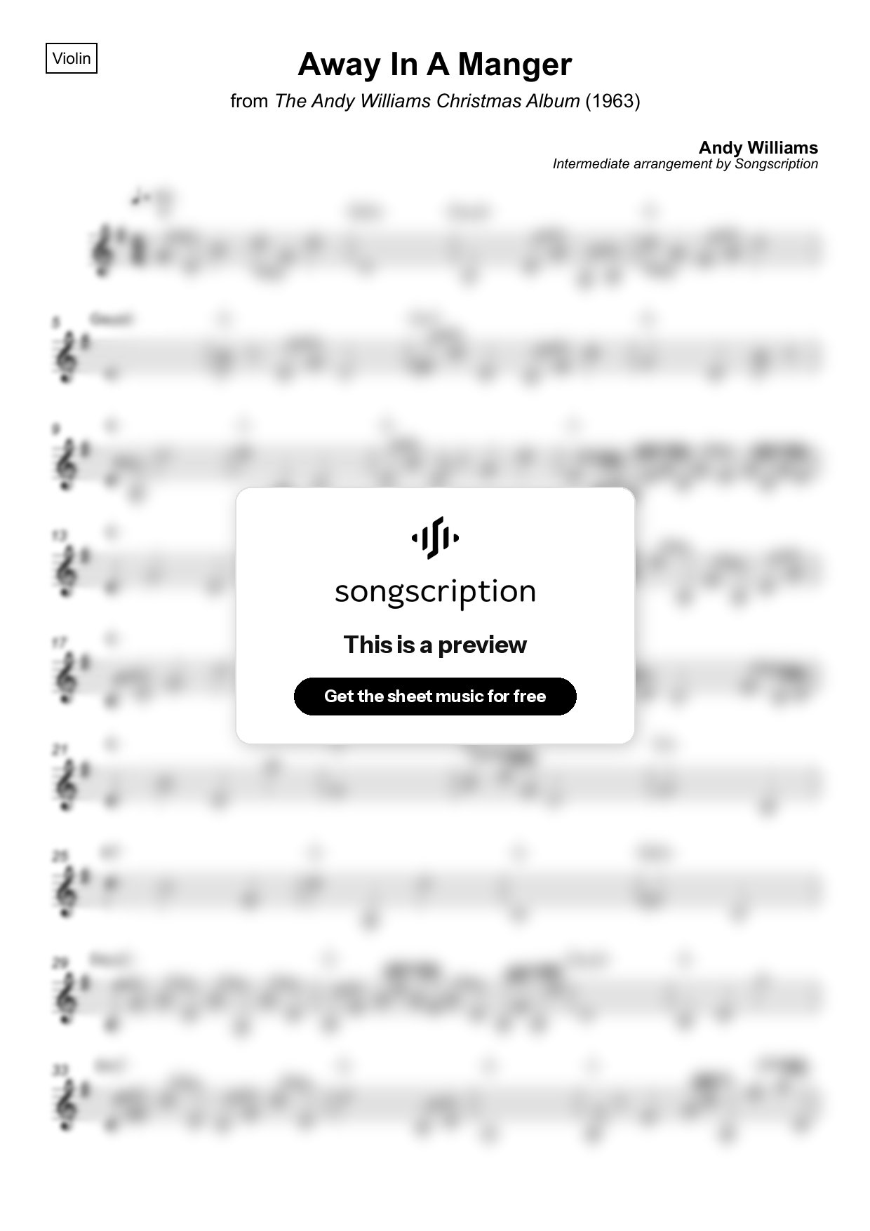 Intermediate Violin Sheet Music for "Away In A Manger" by Andy Williams