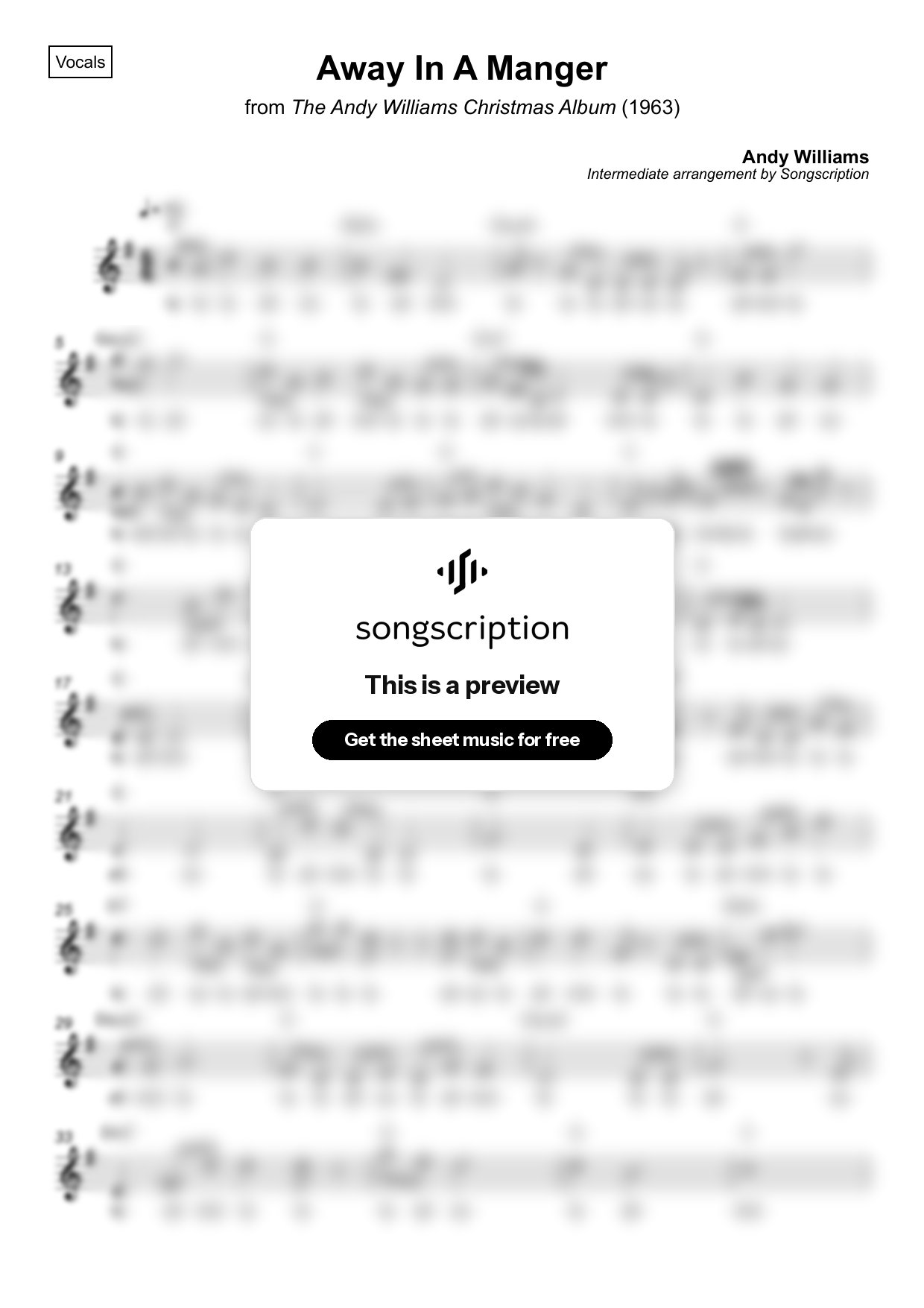 Intermediate Vocals Sheet Music for "Away In A Manger" by Andy Williams