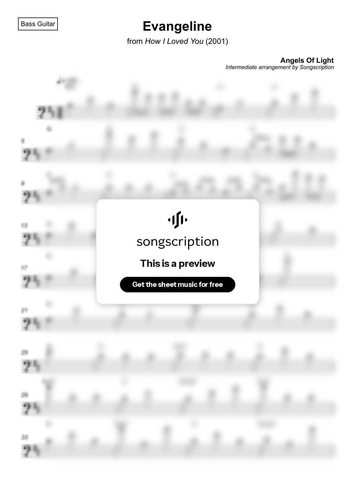 Intermediate Bass Guitar Sheet Music for "Evangeline" by Angels Of Light