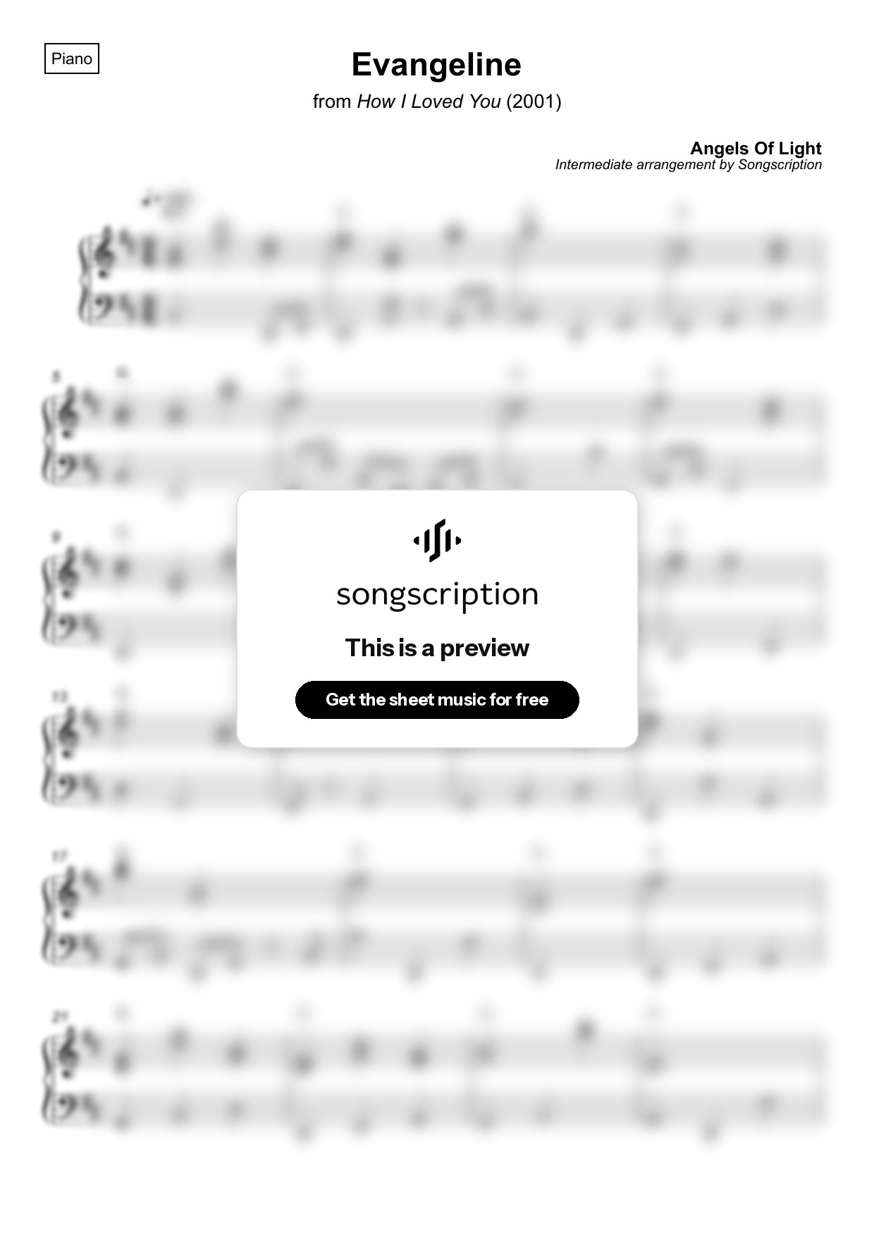 Intermediate Piano Sheet Music for "Evangeline" by Angels Of Light
