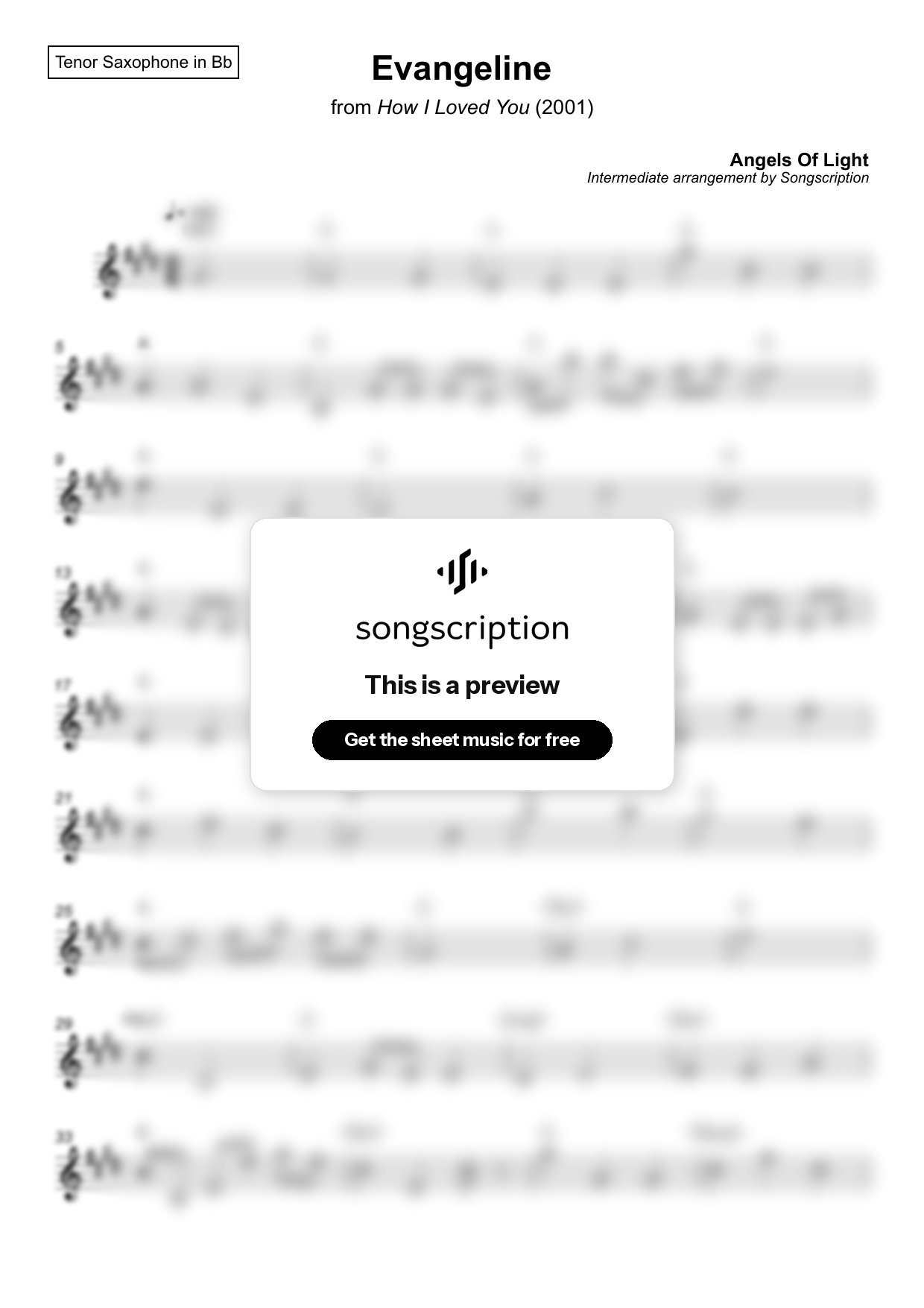 Intermediate Tenor Sax Sheet Music for "Evangeline" by Angels Of Light