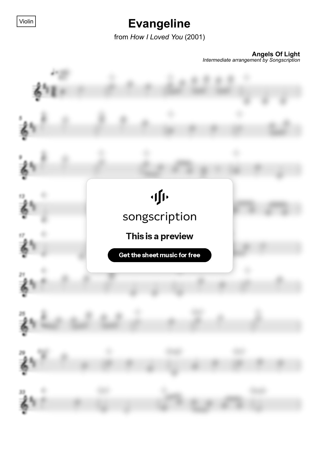Intermediate Violin Sheet Music for "Evangeline" by Angels Of Light
