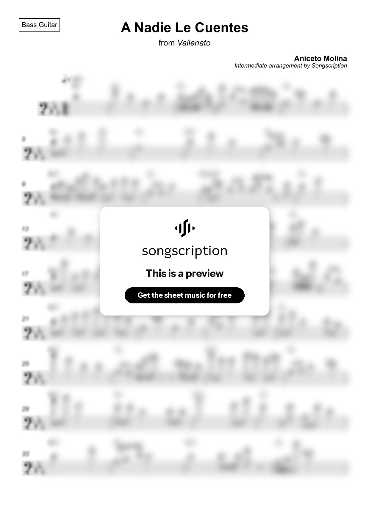 Intermediate Bass Guitar Sheet Music for "A Nadie Le Cuentes" by Aniceto Molina