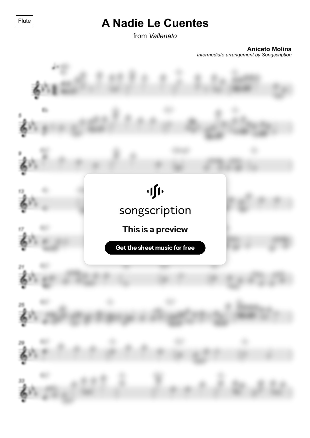 Intermediate Flute Sheet Music for "A Nadie Le Cuentes" by Aniceto Molina