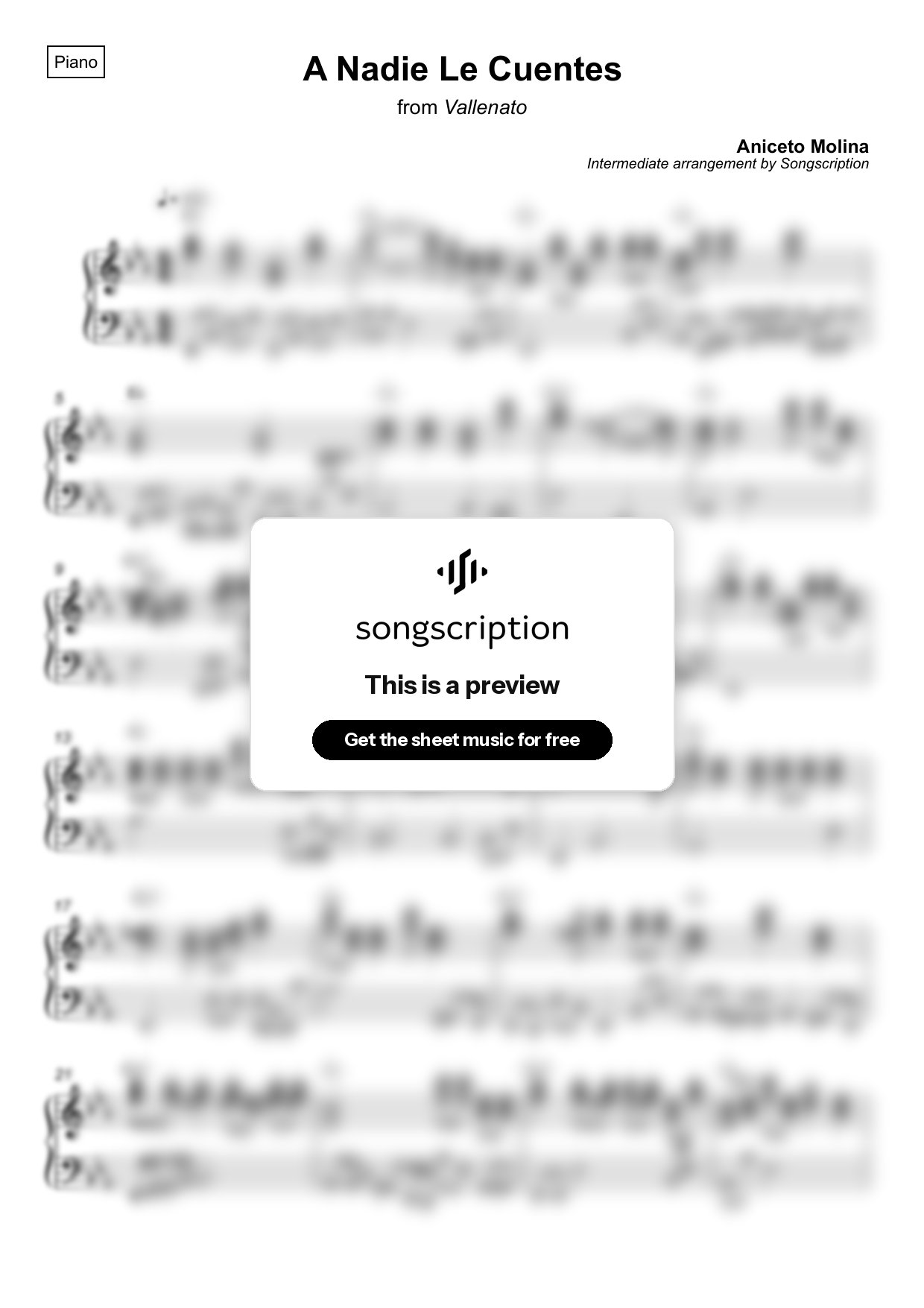 Intermediate Piano Sheet Music for "A Nadie Le Cuentes" by Aniceto Molina