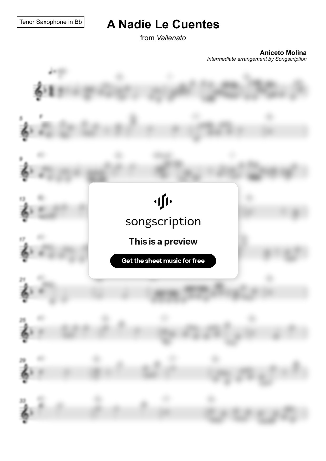 Intermediate Tenor Sax Sheet Music for "A Nadie Le Cuentes" by Aniceto Molina