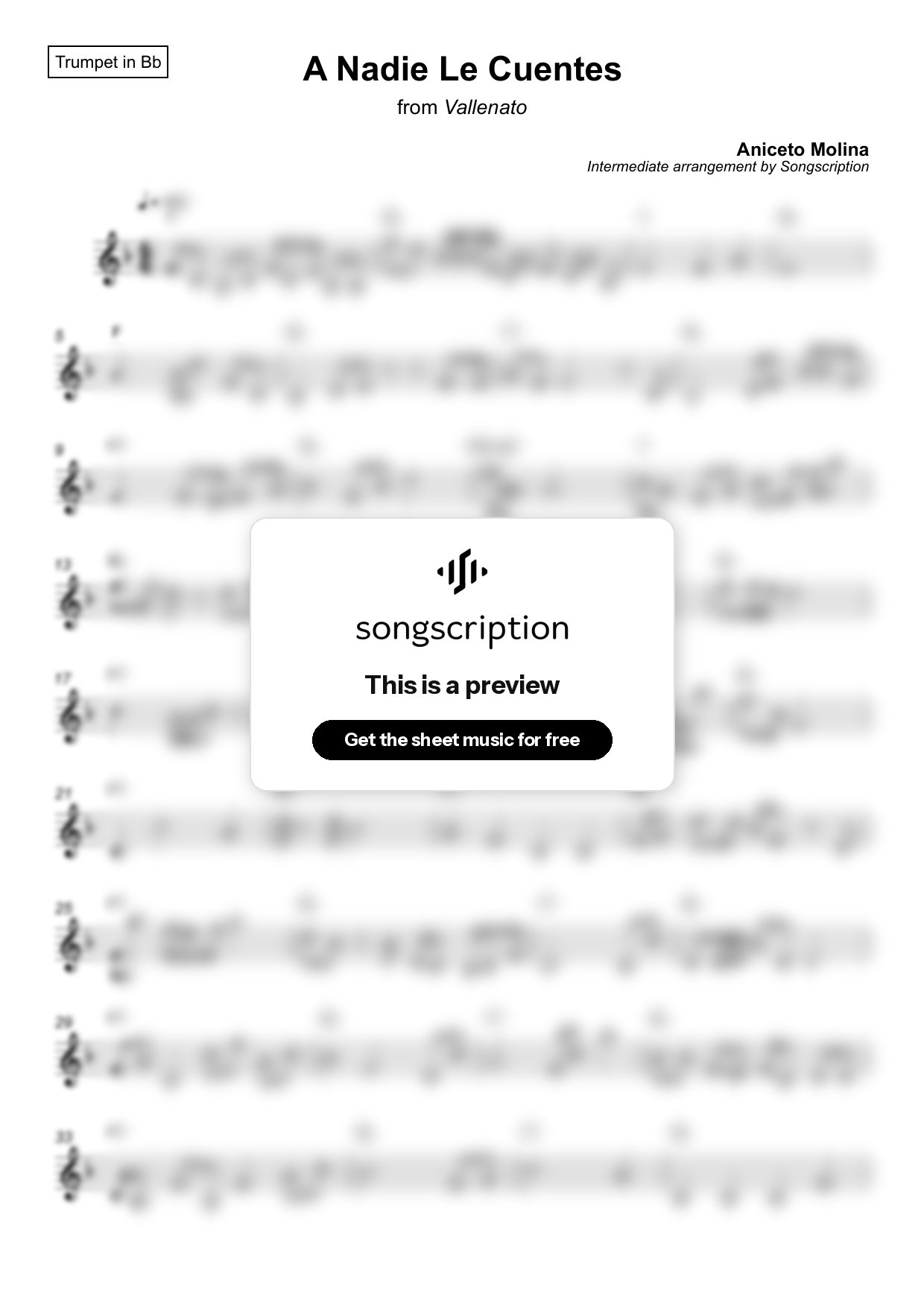 Intermediate Trumpet Sheet Music for "A Nadie Le Cuentes" by Aniceto Molina