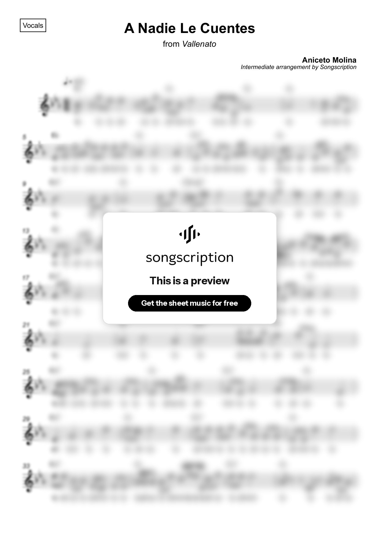 Intermediate Vocals Sheet Music for "A Nadie Le Cuentes" by Aniceto Molina