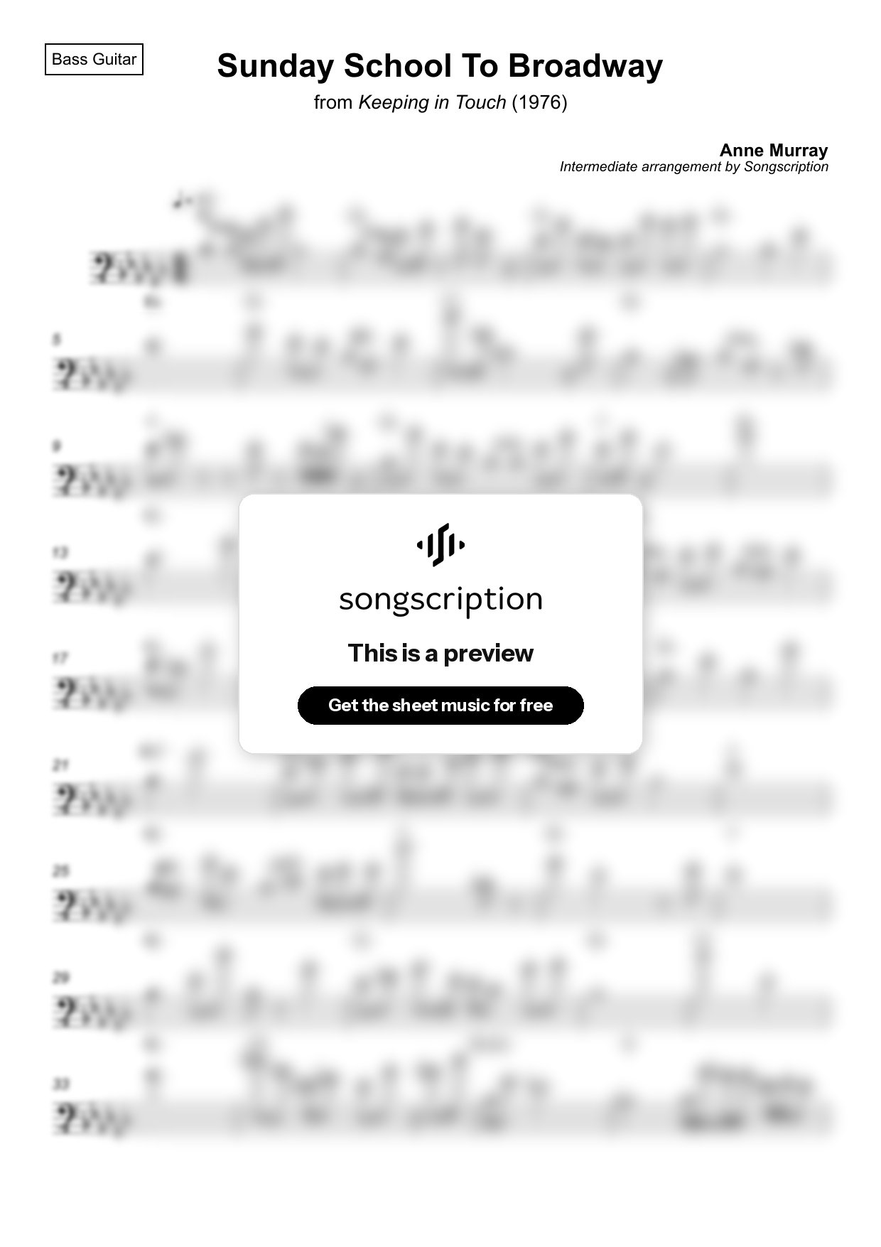 Intermediate Bass Guitar Sheet Music for "Sunday School To Broadway" by Anne Murray
