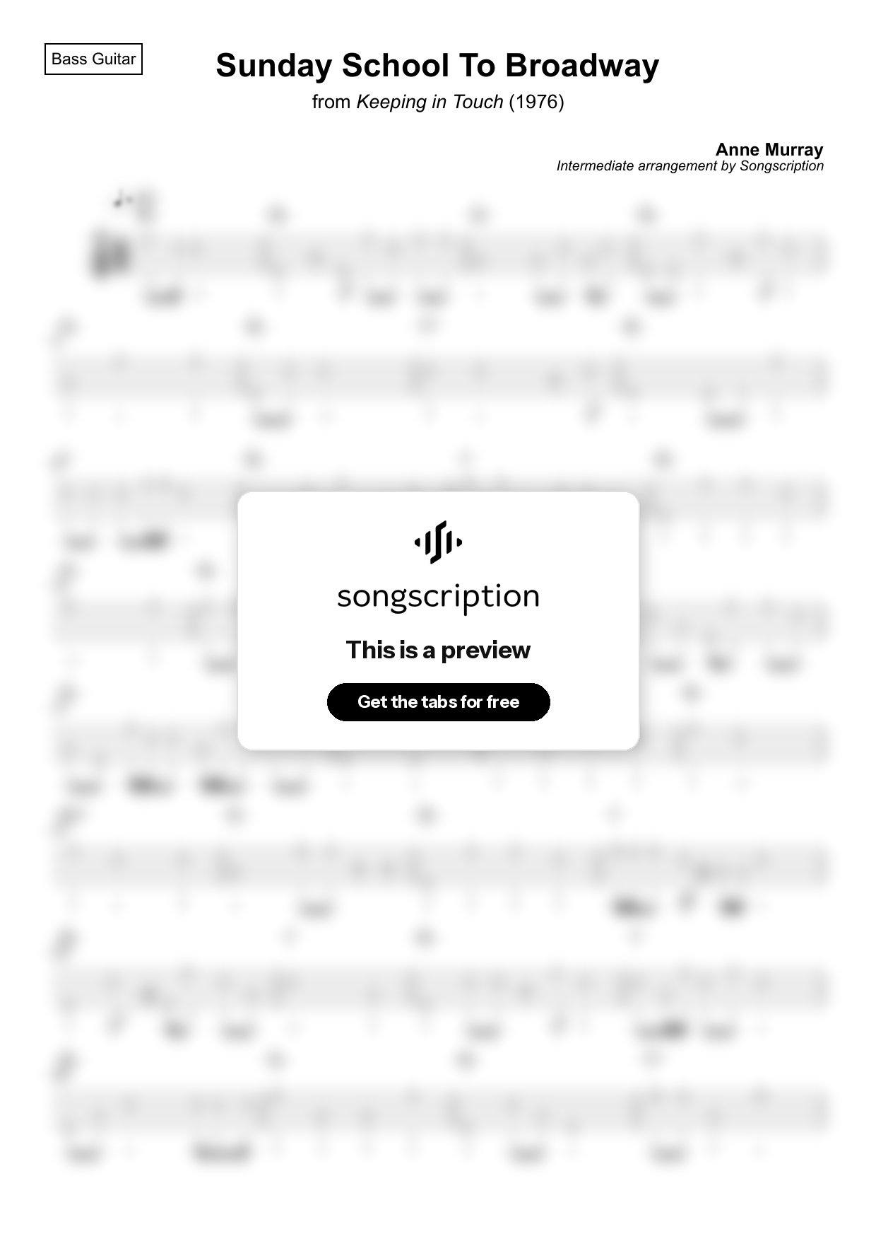 Intermediate Bass Guitar Tabs for "Sunday School To Broadway" by Anne Murray