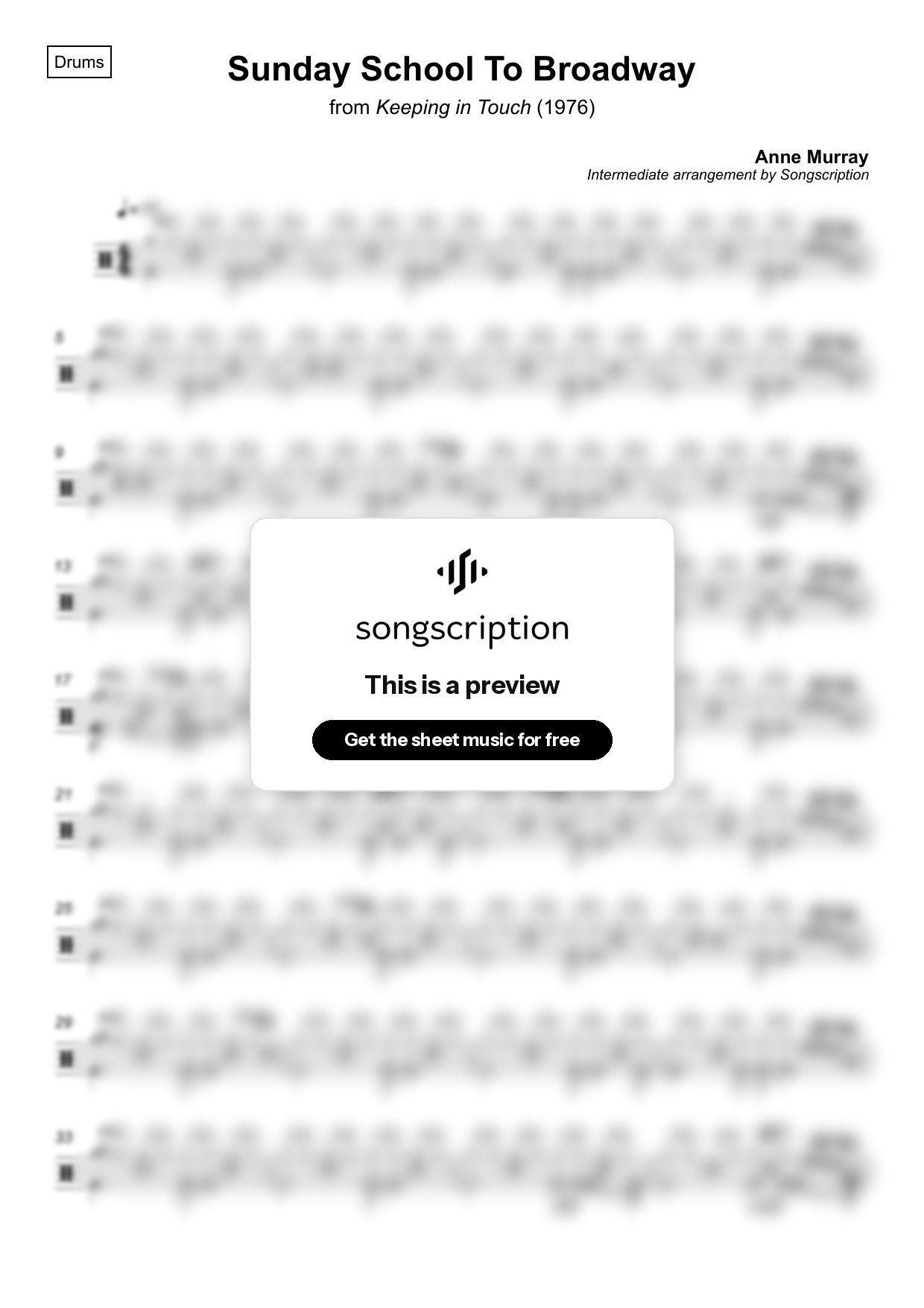 Intermediate Drums Sheet Music for "Sunday School To Broadway" by Anne Murray
