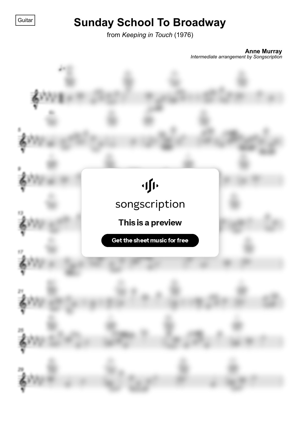 Intermediate Acoustic Guitar Sheet Music for "Sunday School To Broadway" by Anne Murray