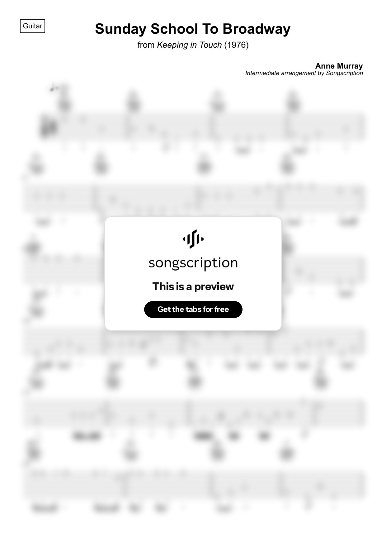 Intermediate Acoustic Guitar Tabs for "Sunday School To Broadway" by Anne Murray