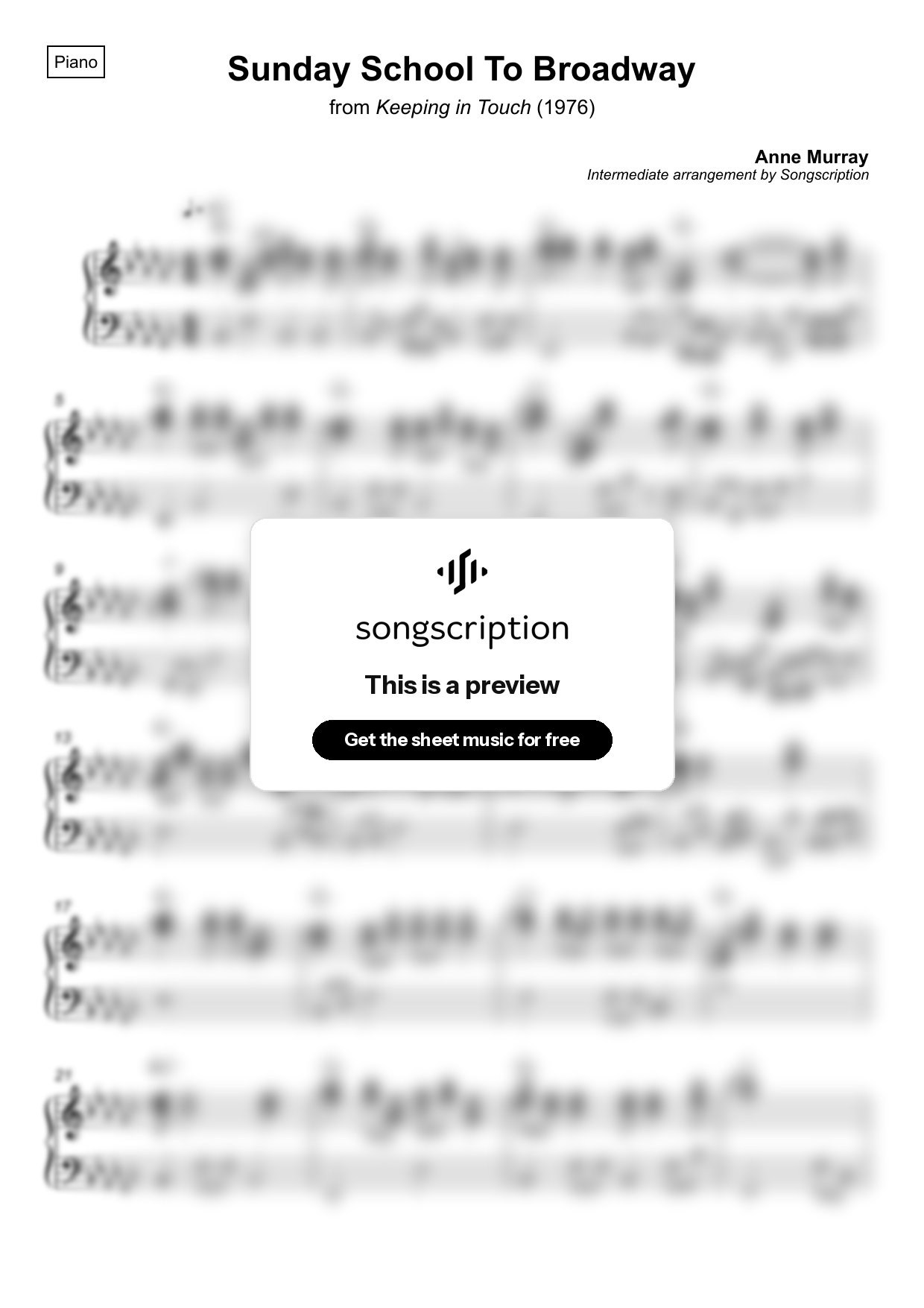 Intermediate Piano Sheet Music for "Sunday School To Broadway" by Anne Murray