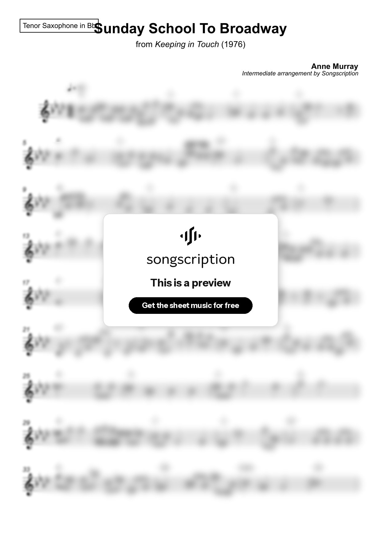 Intermediate Tenor Sax Sheet Music for "Sunday School To Broadway" by Anne Murray