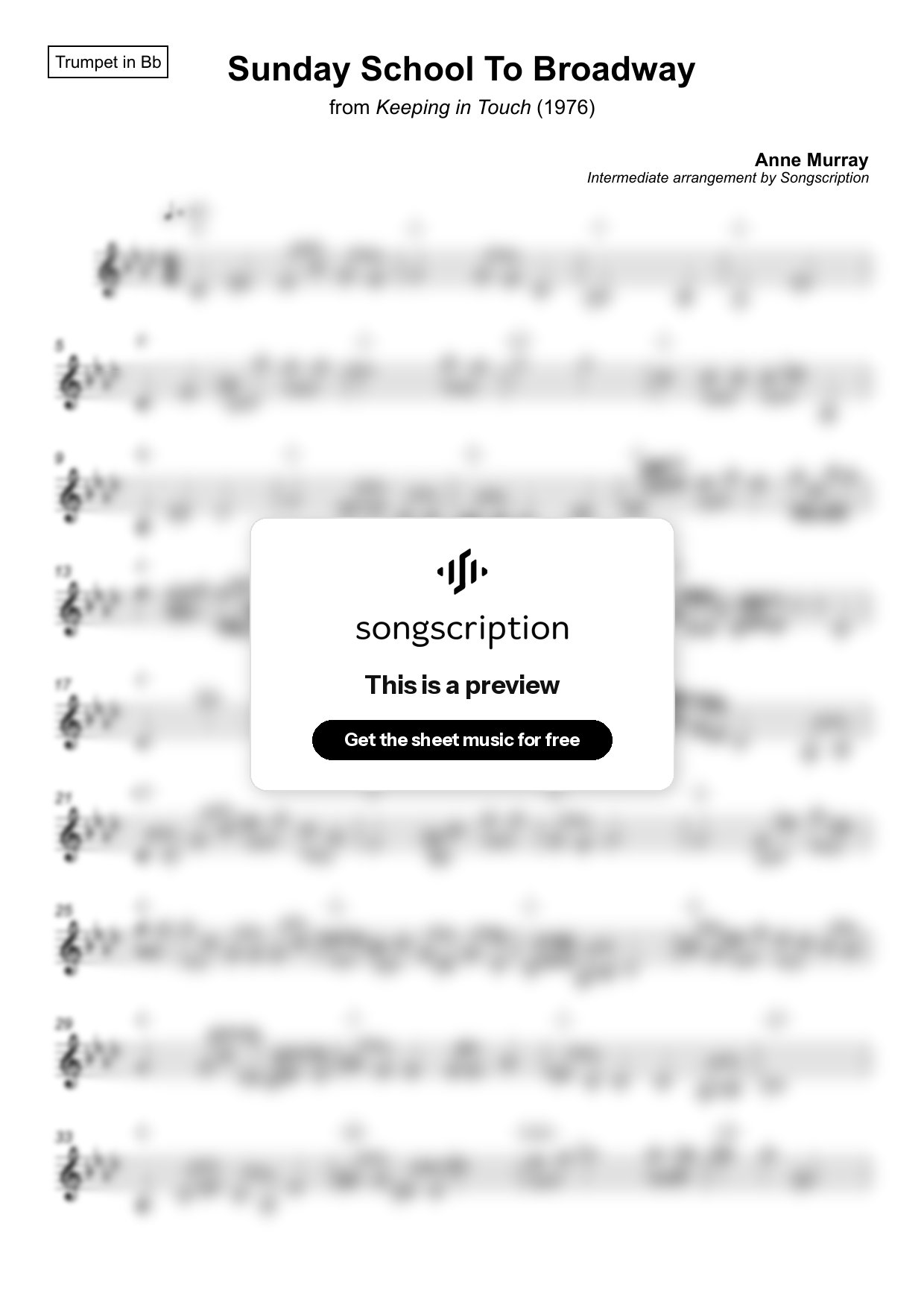 Intermediate Trumpet Sheet Music for "Sunday School To Broadway" by Anne Murray