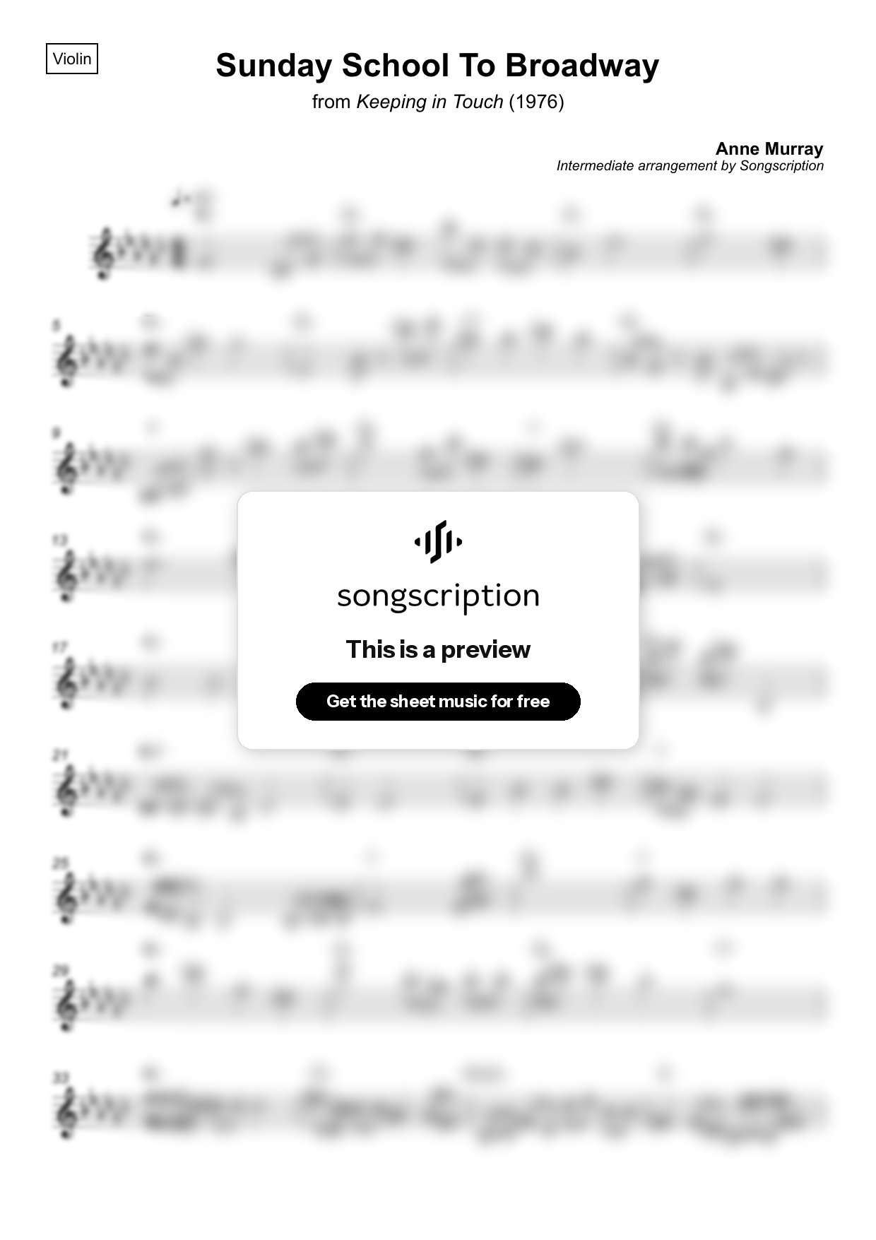 Intermediate Violin Sheet Music for "Sunday School To Broadway" by Anne Murray